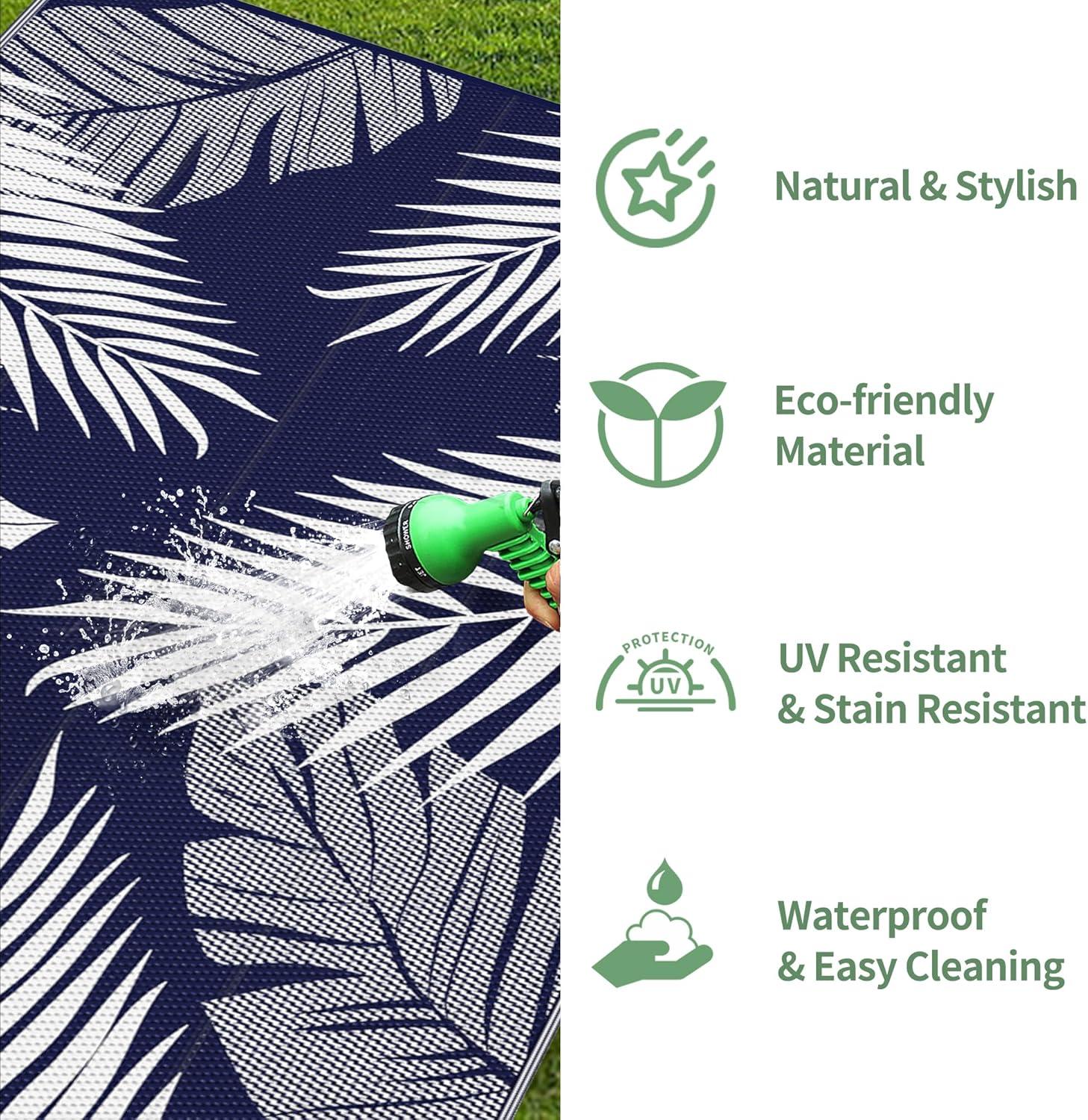 imageGENIMO Outdoor Rug 25 x 8 Waterproof for Patios Clearance Reversible Outdoor Plastic Straw Camping Rug Carpet Large Area Rugs Mats for RV Camper Deck Balcony Porch Beach BlackampBeigeNavy Blue White Waterproof
