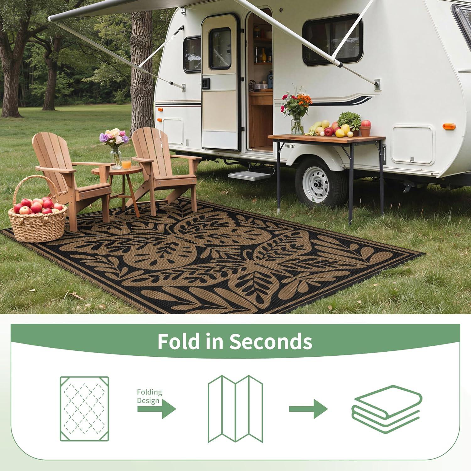 imageGENIMO Outdoor Rug 25 x 8 Waterproof for Patios Clearance Reversible Outdoor Plastic Straw Camping Rug Carpet Large Area Rugs Mats for RV Camper Deck Balcony Porch Beach BlackampBeigeHblack Brown