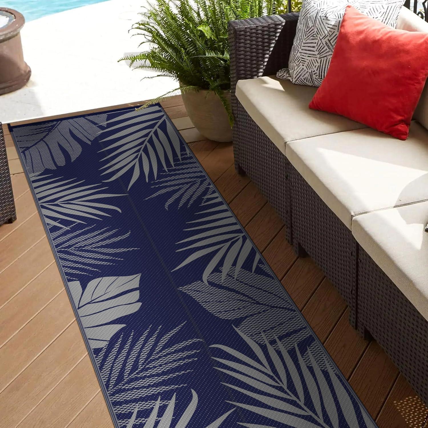 imageGENIMO Outdoor Rug 25 x 8 Waterproof for Patios Clearance Reversible Outdoor Plastic Straw Camping Rug Carpet Large Area Rugs Mats for RV Camper Deck Balcony Porch Beach BlackampBeigeNavy Blue Grey Waterproof