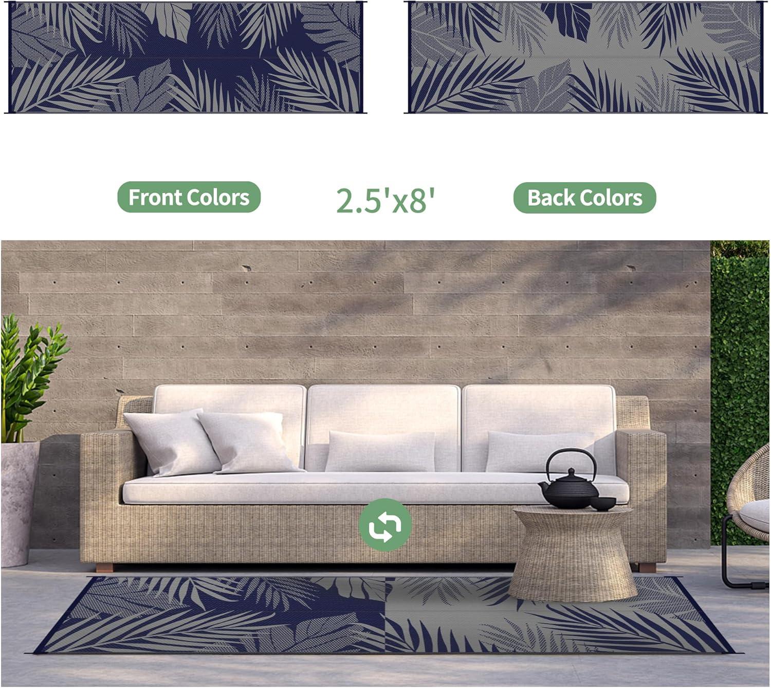 imageGENIMO Outdoor Rug 25 x 8 Waterproof for Patios Clearance Reversible Outdoor Plastic Straw Camping Rug Carpet Large Area Rugs Mats for RV Camper Deck Balcony Porch Beach BlackampBeigeNavy Blue Grey Waterproof