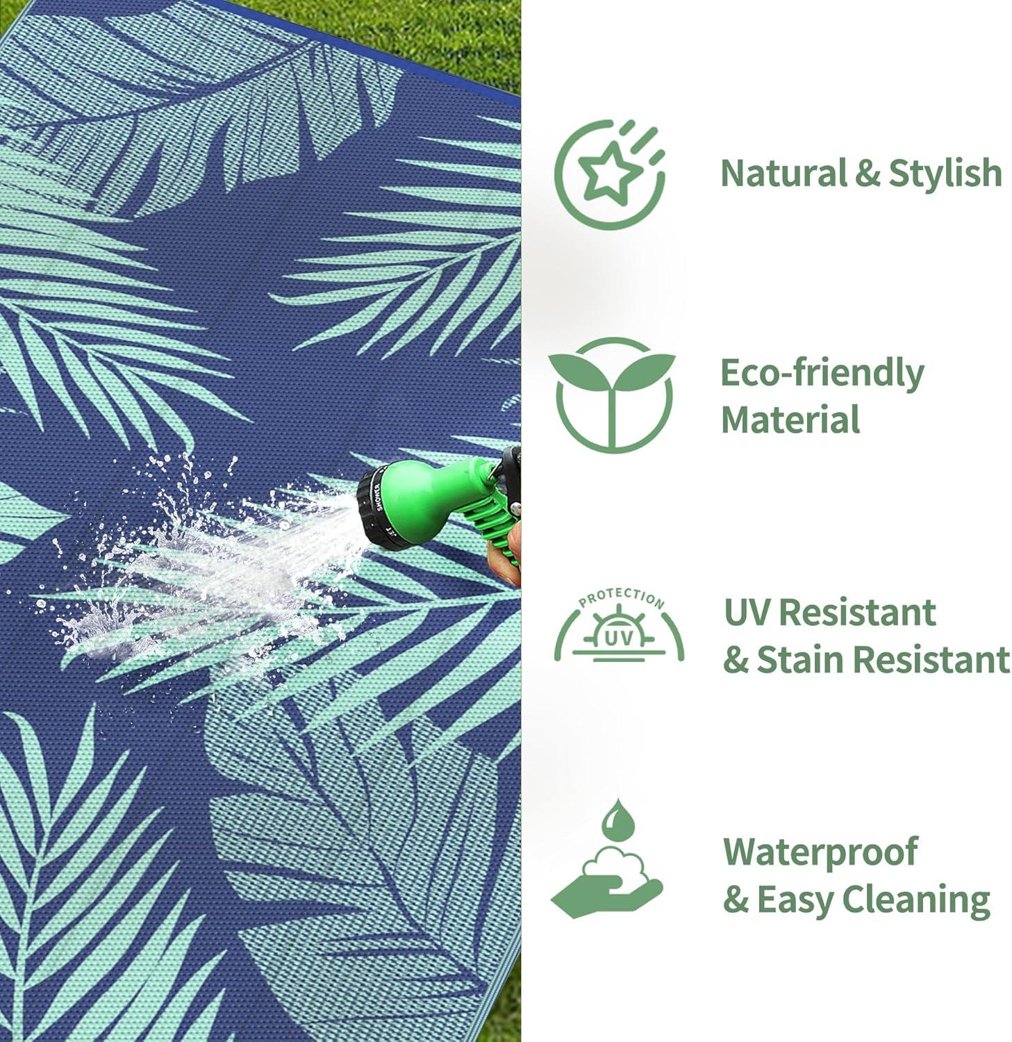 imageGENIMO Outdoor Rug 25 x 8 Waterproof for Patios Clearance Reversible Outdoor Plastic Straw Camping Rug Carpet Large Area Rugs Mats for RV Camper Deck Balcony Porch Beach BlackampBeigeRoyal Blue Blue Green Waterproof