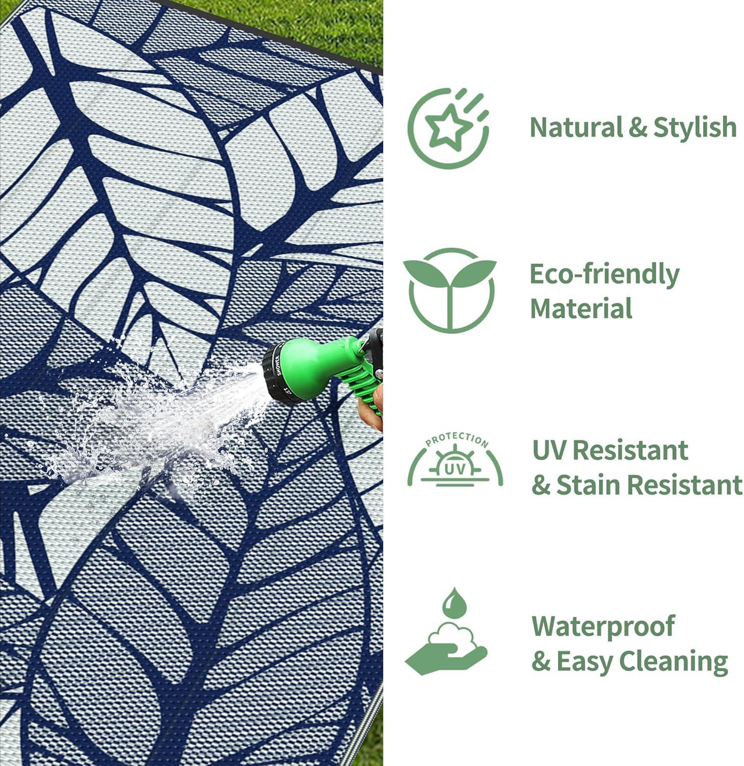 imageGENIMO Outdoor Rug 25 x 8 Waterproof for Patios Clearance Reversible Outdoor Plastic Straw Camping Rug Carpet Large Area Rugs Mats for RV Camper Deck Balcony Porch Beach BlackampBeigeFblue White