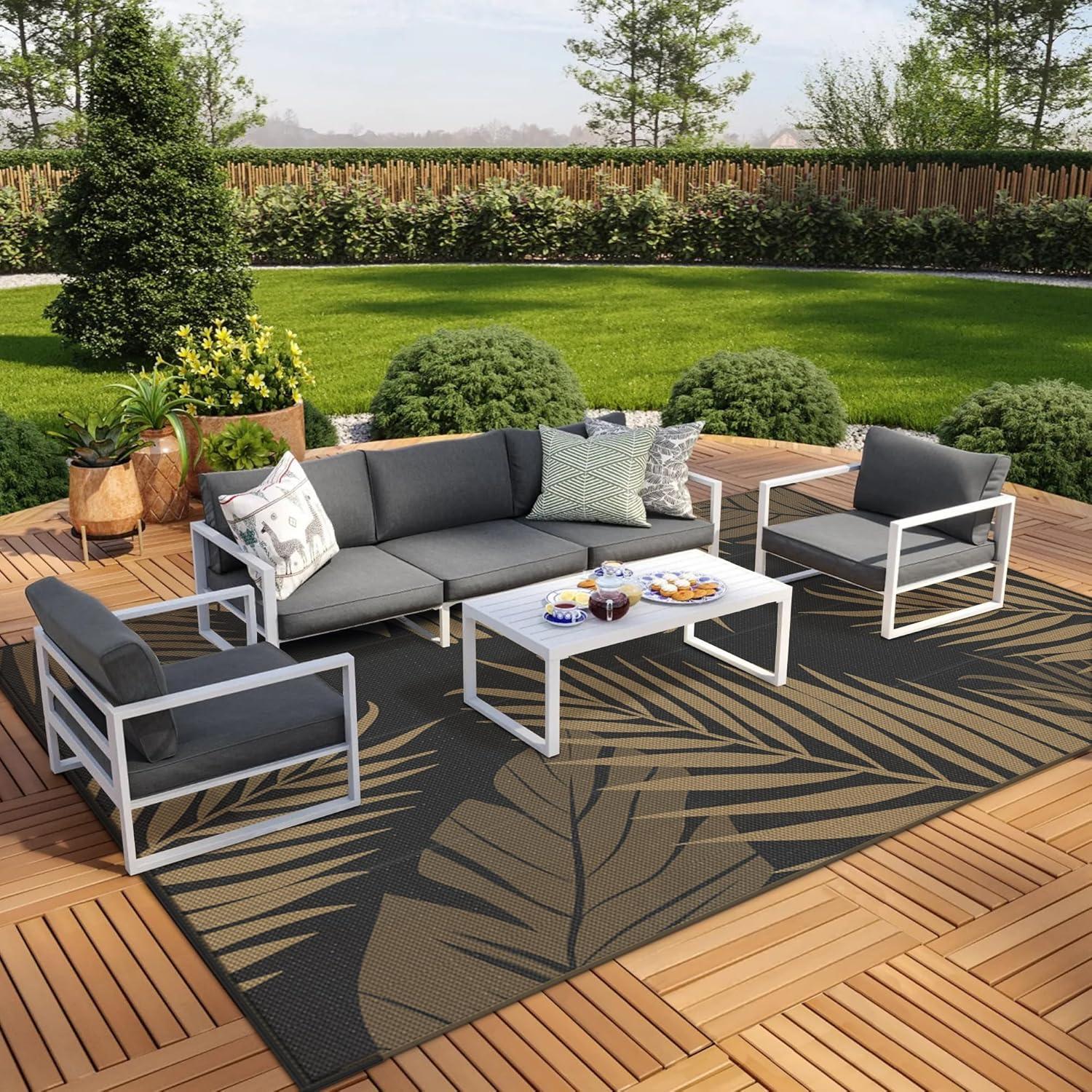 imageGENIMO Outdoor Rug 25 x 8 Waterproof for Patios Clearance Reversible Outdoor Plastic Straw Camping Rug Carpet Large Area Rugs Mats for RV Camper Deck Balcony Porch Beach BlackampBeigeBlack Brown Waterproof