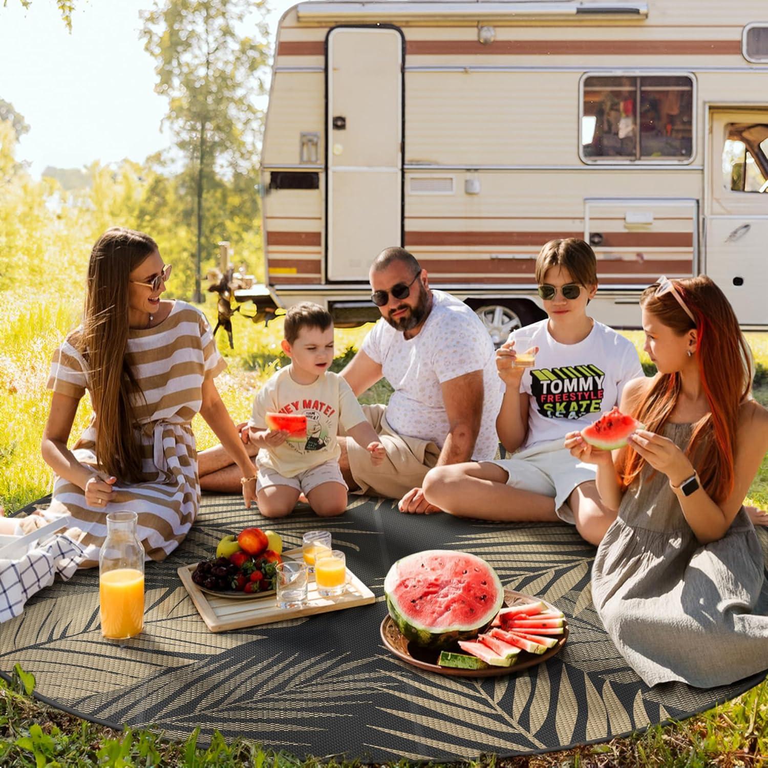 imageGENIMO Outdoor Rug 25 x 8 Waterproof for Patios Clearance Reversible Outdoor Plastic Straw Camping Rug Carpet Large Area Rugs Mats for RV Camper Deck Balcony Porch Beach BlackampBeigeBlack Brown Waterproof