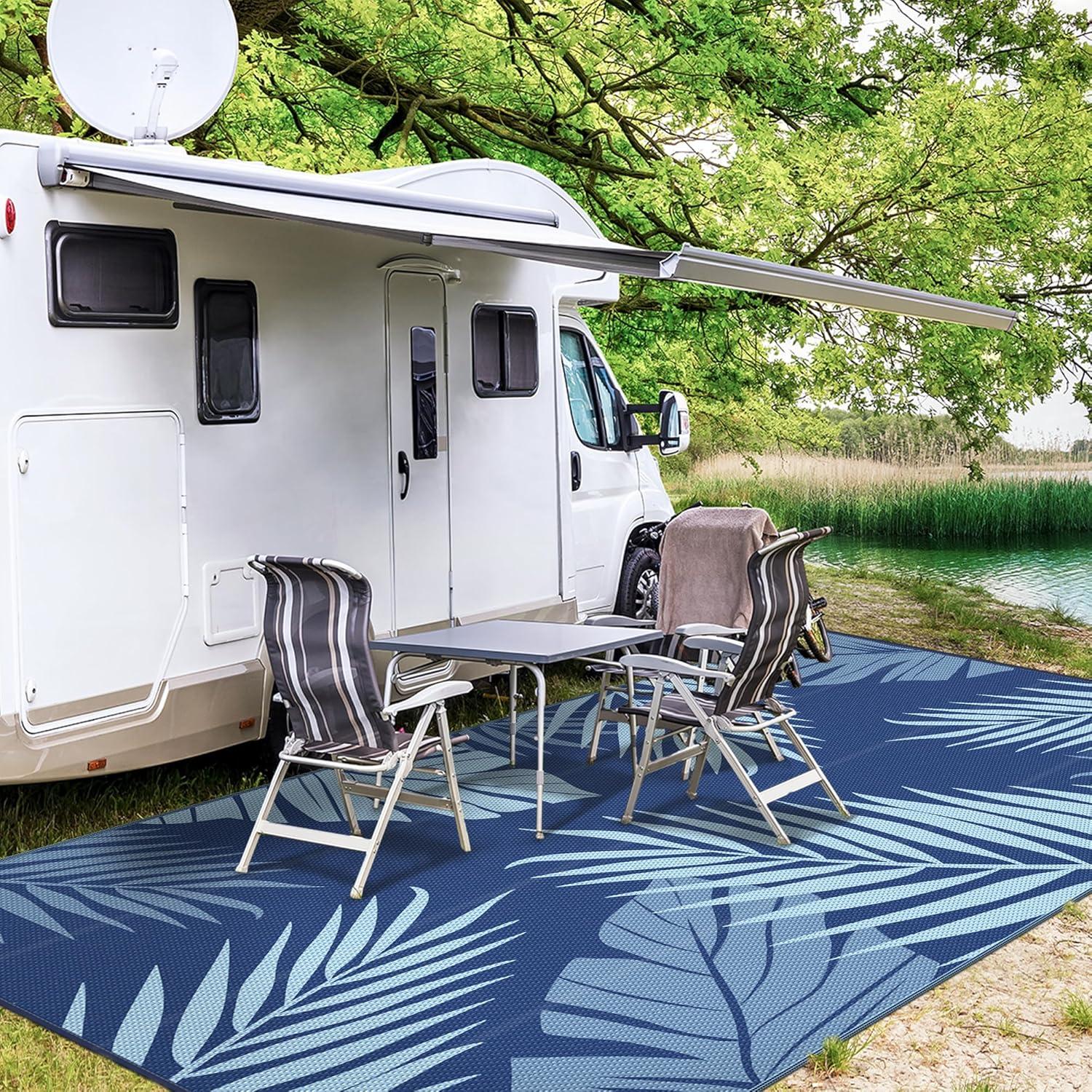 imageGENIMO Outdoor Rug 25 x 8 Waterproof for Patios Clearance Reversible Outdoor Plastic Straw Camping Rug Carpet Large Area Rugs Mats for RV Camper Deck Balcony Porch Beach BlackampBeigeNavy Blue Baby Blue Waterproof