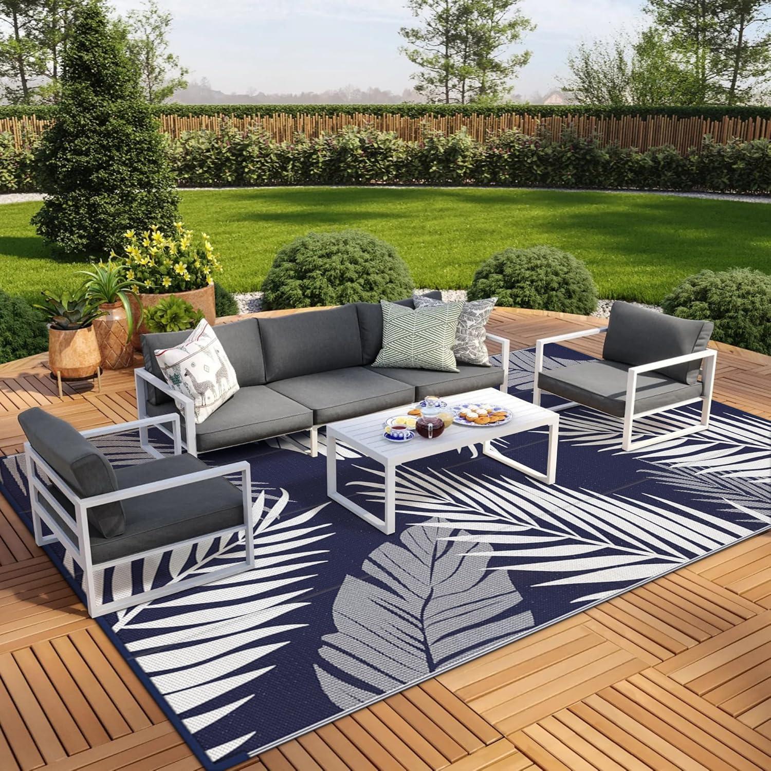 imageGENIMO Outdoor Rug 25 x 8 Waterproof for Patios Clearance Reversible Outdoor Plastic Straw Camping Rug Carpet Large Area Rugs Mats for RV Camper Deck Balcony Porch Beach BlackampBeigeNavy Blue White Waterproof