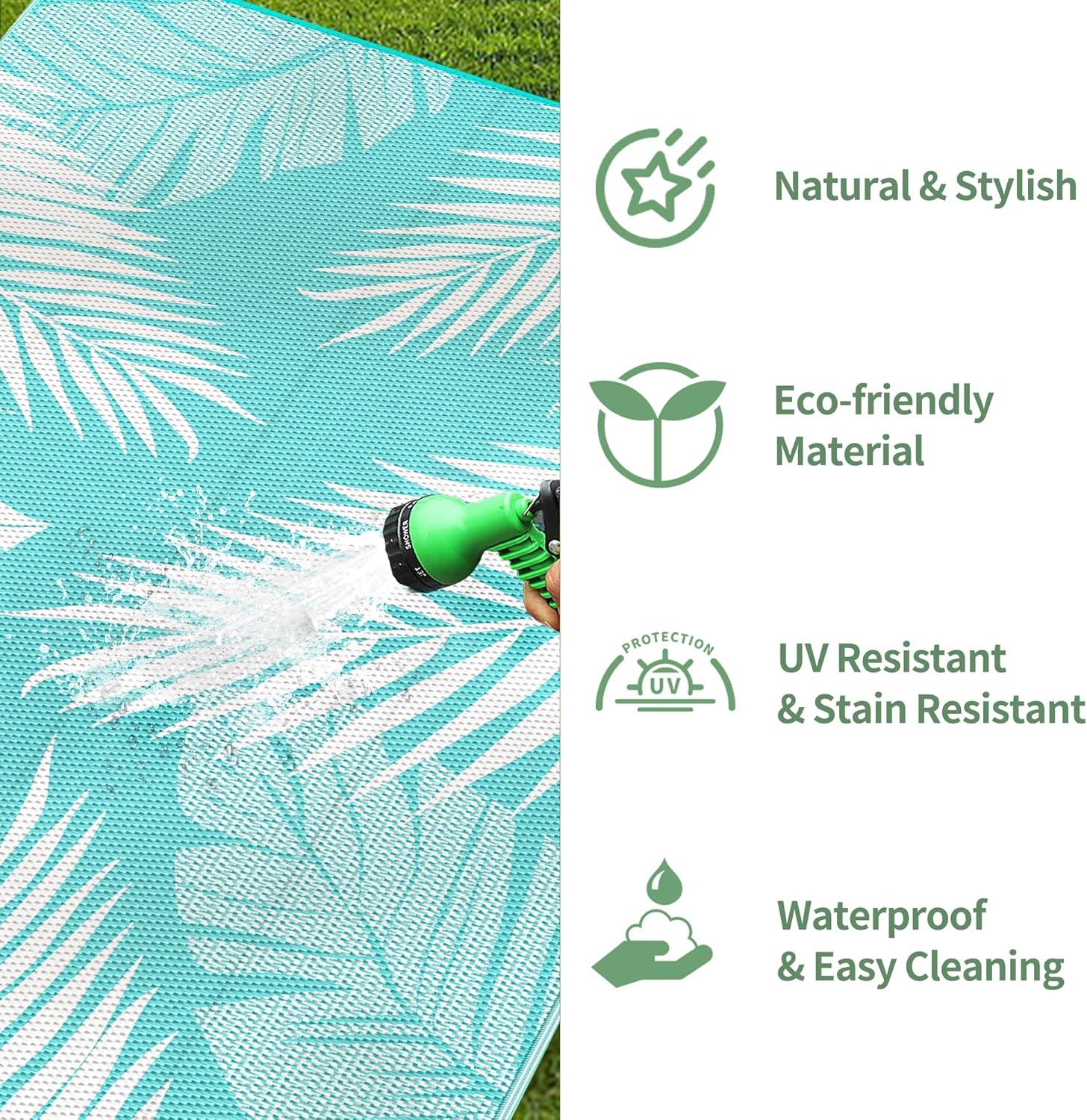 imageGENIMO Outdoor Rug 25 x 8 Waterproof for Patios Clearance Reversible Outdoor Plastic Straw Camping Rug Carpet Large Area Rugs Mats for RV Camper Deck Balcony Porch Beach BlackampBeigeAqua Blue White Waterproof