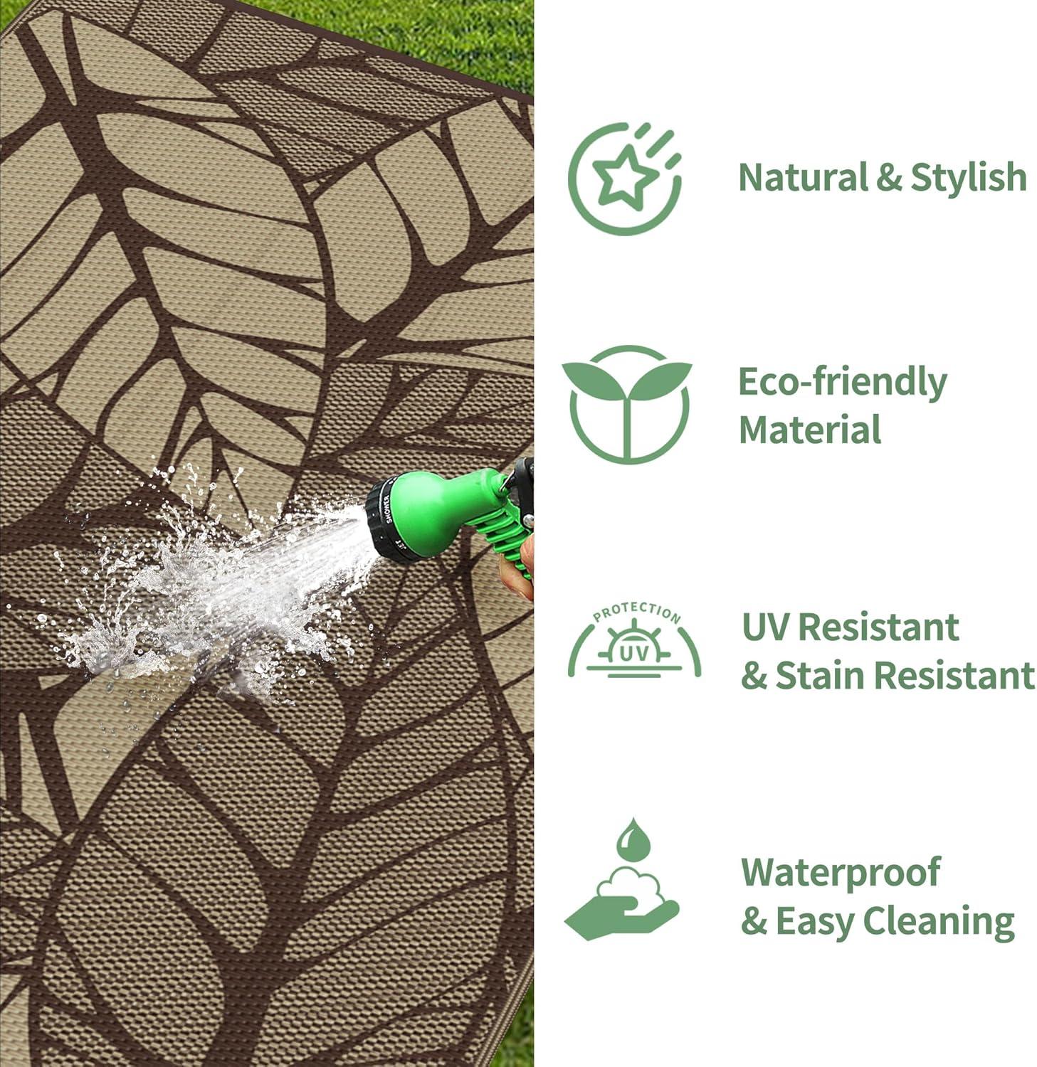 imageGENIMO Outdoor Rug 25 x 8 Waterproof for Patios Clearance Reversible Outdoor Plastic Straw Camping Rug Carpet Large Area Rugs Mats for RV Camper Deck Balcony Porch Beach BlackampBeigeFcoffee Beige