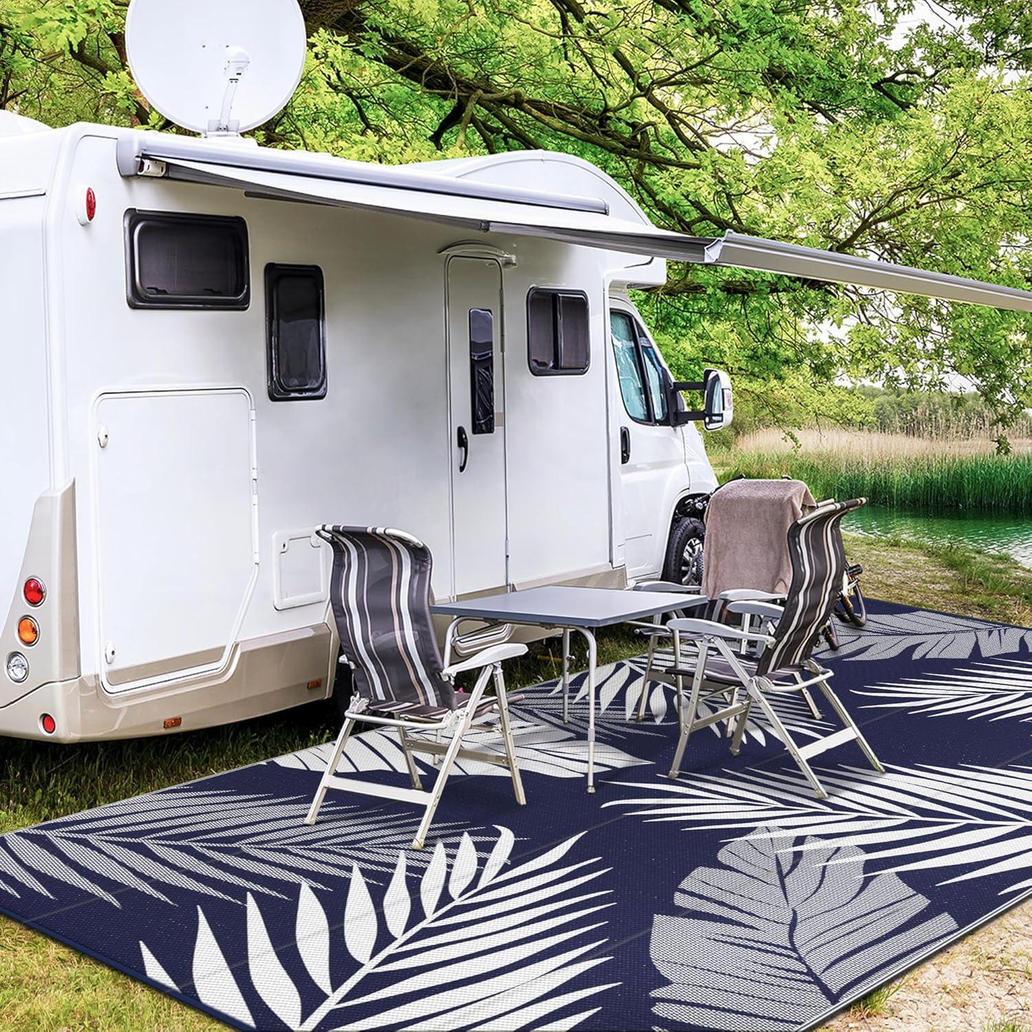 imageGENIMO Outdoor Rug 25 x 8 Waterproof for Patios Clearance Reversible Outdoor Plastic Straw Camping Rug Carpet Large Area Rugs Mats for RV Camper Deck Balcony Porch Beach BlackampBeigeNavy Blue White Waterproof