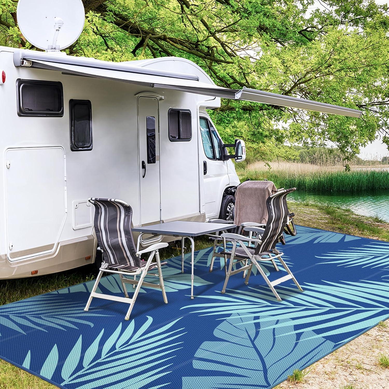 imageGENIMO Outdoor Rug 25 x 8 Waterproof for Patios Clearance Reversible Outdoor Plastic Straw Camping Rug Carpet Large Area Rugs Mats for RV Camper Deck Balcony Porch Beach BlackampBeigeRoyal Blue Blue Green Waterproof