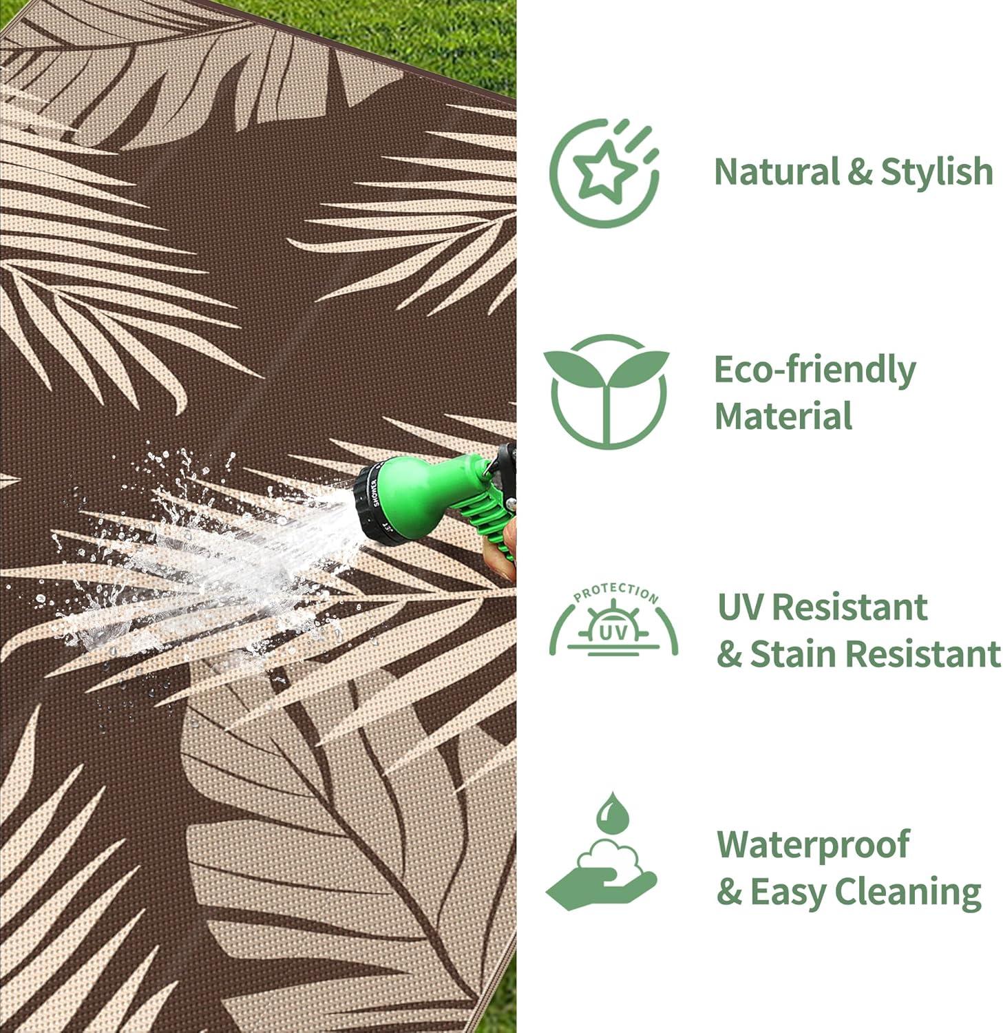 imageGENIMO Outdoor Rug 25 x 8 Waterproof for Patios Clearance Reversible Outdoor Plastic Straw Camping Rug Carpet Large Area Rugs Mats for RV Camper Deck Balcony Porch Beach BlackampBeigeCoffee Beige Waterproof