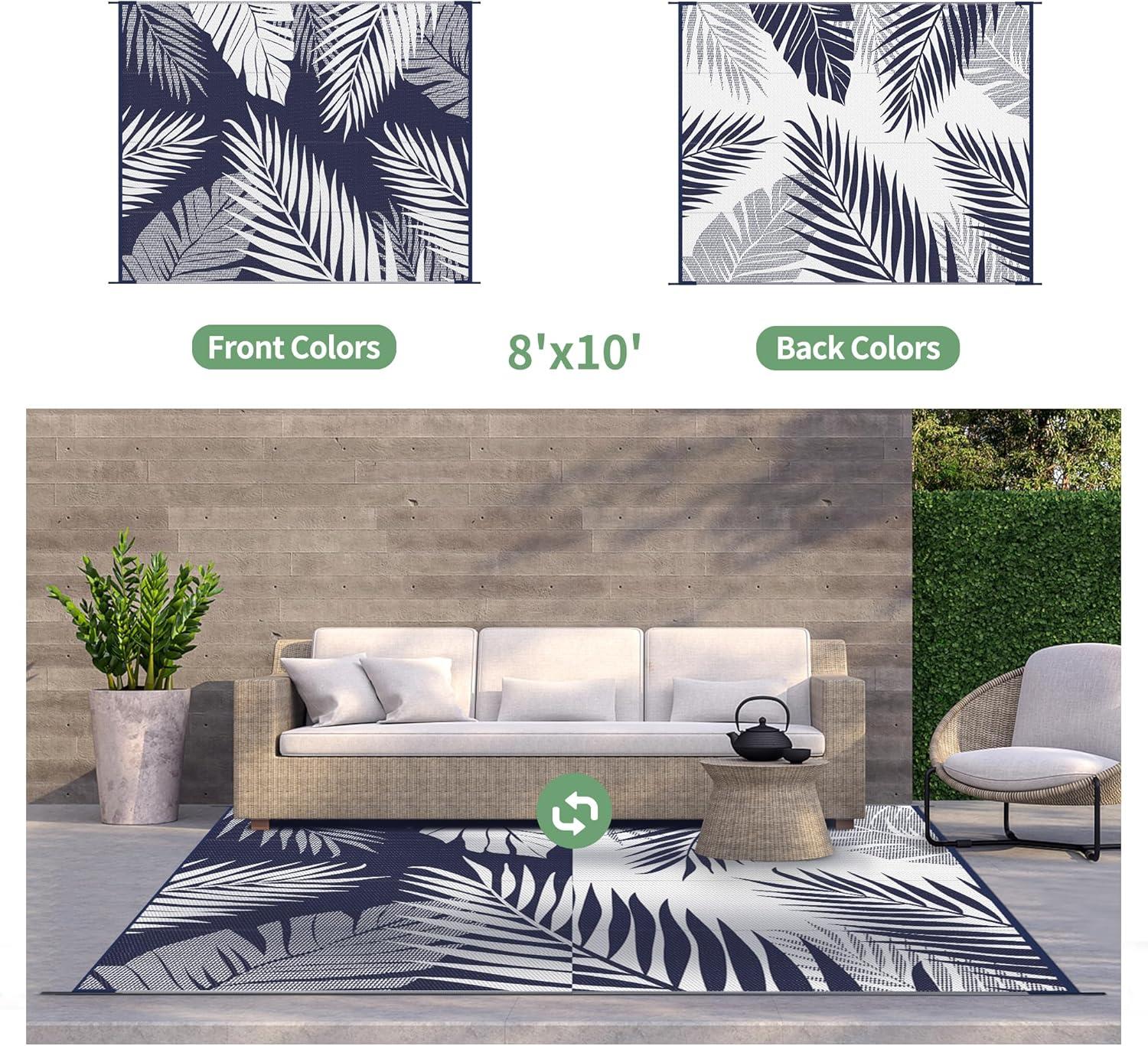imageGENIMO Outdoor Rug 25 x 8 Waterproof for Patios Clearance Reversible Outdoor Plastic Straw Camping Rug Carpet Large Area Rugs Mats for RV Camper Deck Balcony Porch Beach BlackampBeigeNavy Blue White Waterproof
