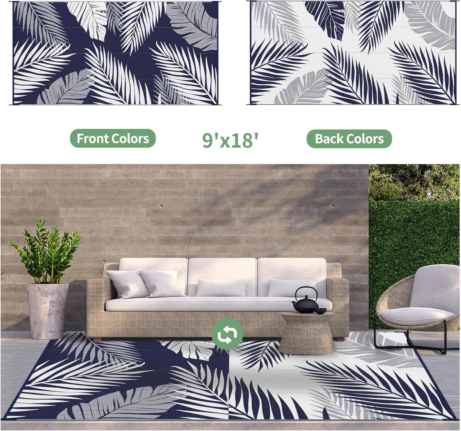 imageGENIMO Outdoor Rug 25 x 8 Waterproof for Patios Clearance Reversible Outdoor Plastic Straw Camping Rug Carpet Large Area Rugs Mats for RV Camper Deck Balcony Porch Beach BlackampBeigeNavy Blue White Waterproof