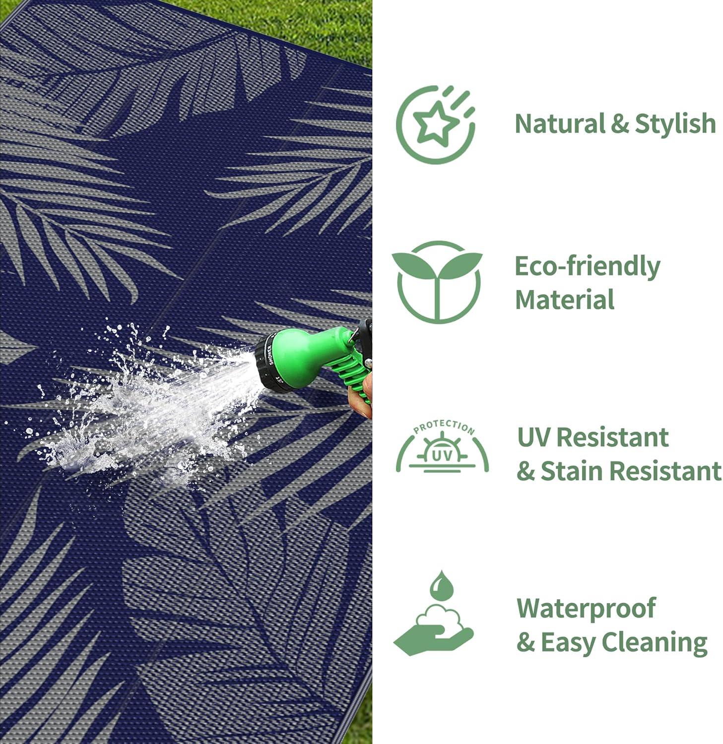 imageGENIMO Outdoor Rug 25 x 8 Waterproof for Patios Clearance Reversible Outdoor Plastic Straw Camping Rug Carpet Large Area Rugs Mats for RV Camper Deck Balcony Porch Beach BlackampBeigeNavy Blue Grey Waterproof