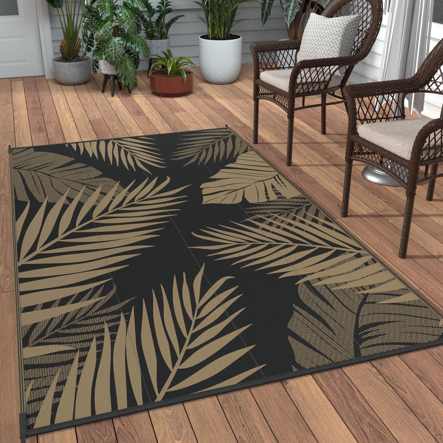 imageGENIMO Outdoor Rug 25 x 8 Waterproof for Patios Clearance Reversible Outdoor Plastic Straw Camping Rug Carpet Large Area Rugs Mats for RV Camper Deck Balcony Porch Beach BlackampBeigeBlack Brown Waterproof