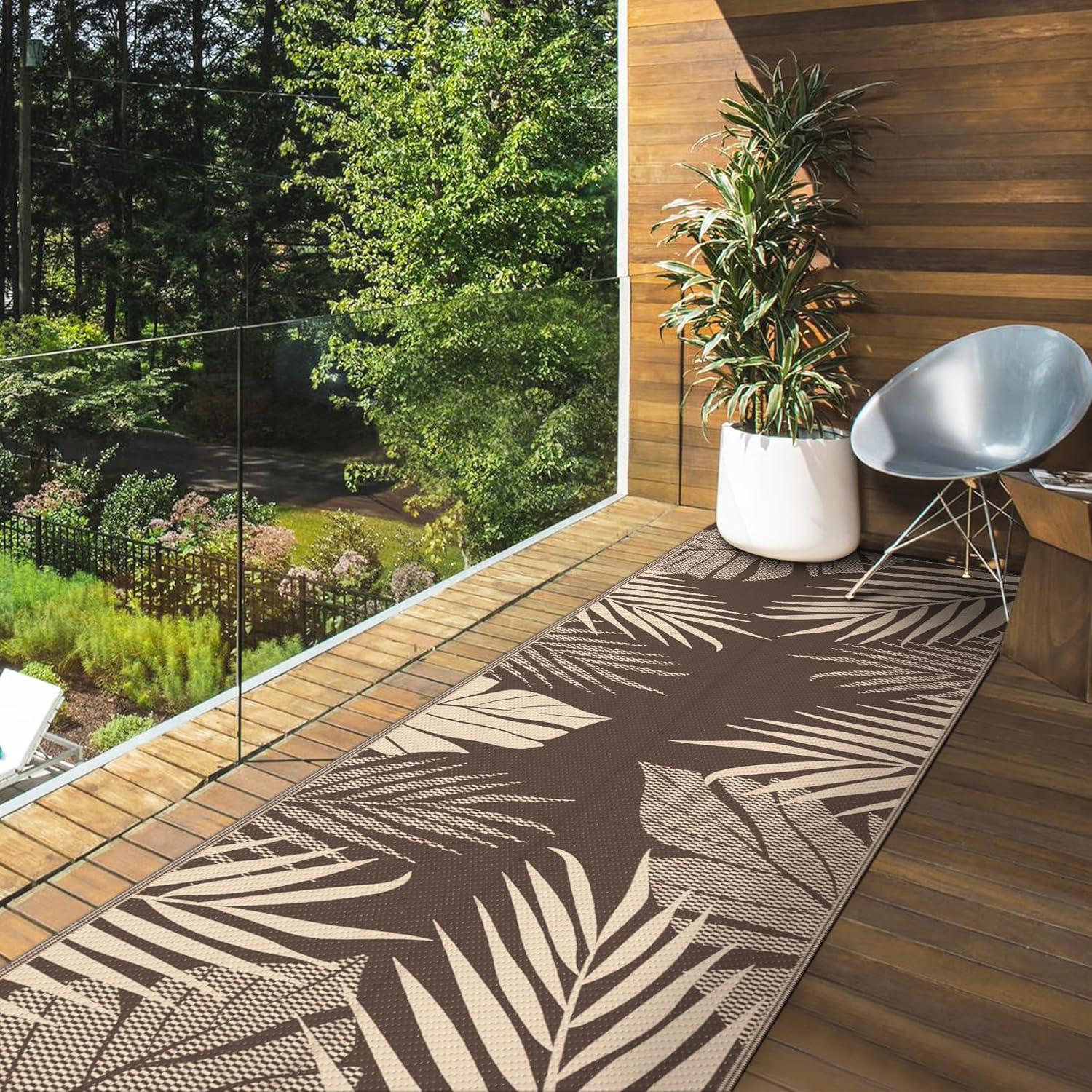 imageGENIMO Outdoor Rug 25 x 8 Waterproof for Patios Clearance Reversible Outdoor Plastic Straw Camping Rug Carpet Large Area Rugs Mats for RV Camper Deck Balcony Porch Beach BlackampBeigeCoffee Beige Waterproof