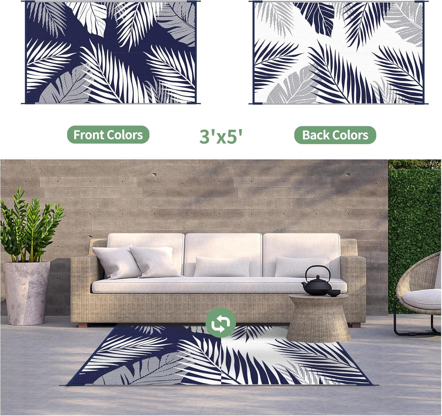 imageGENIMO Outdoor Rug 25 x 8 Waterproof for Patios Clearance Reversible Outdoor Plastic Straw Camping Rug Carpet Large Area Rugs Mats for RV Camper Deck Balcony Porch Beach BlackampBeigeNavy Blue White Waterproof