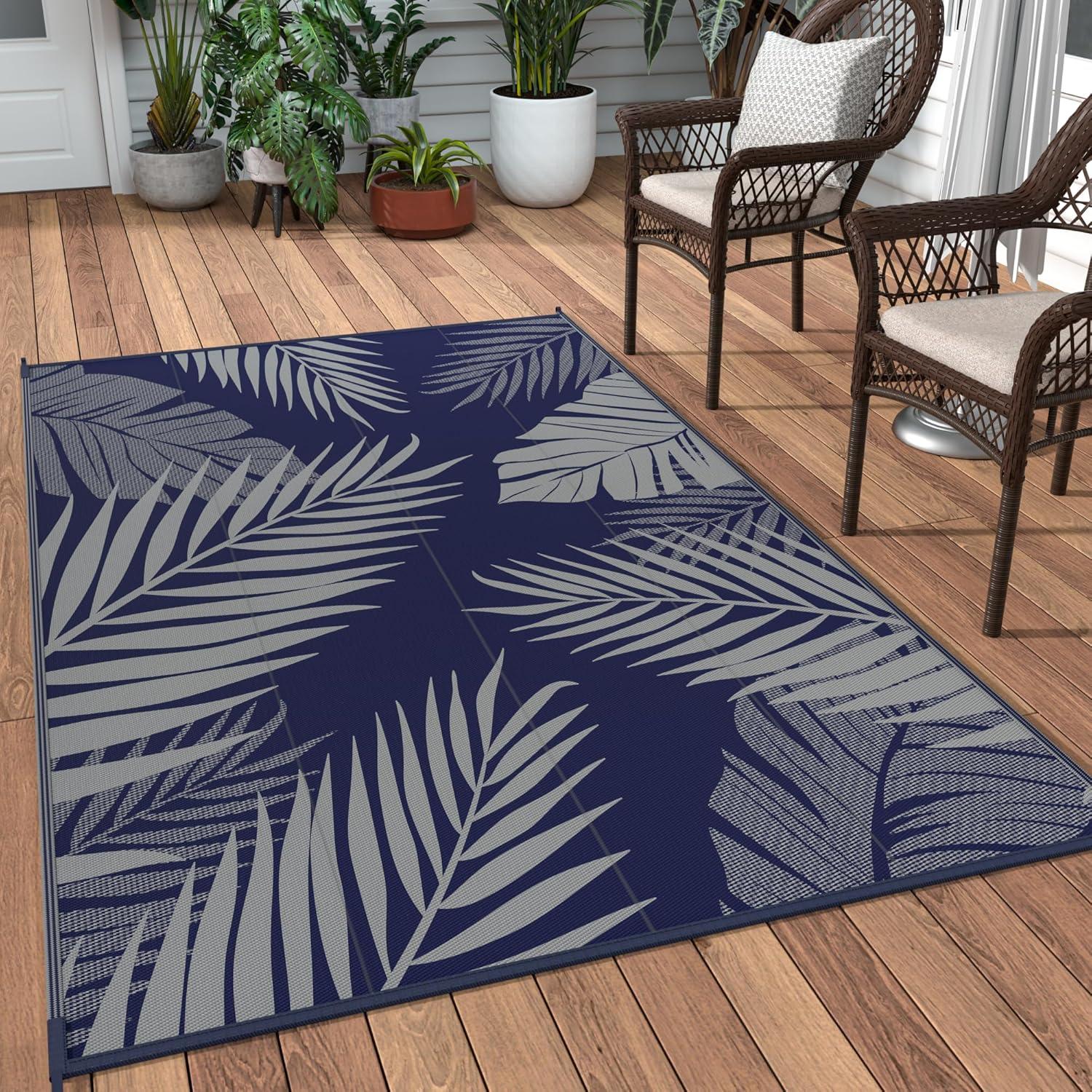 imageGENIMO Outdoor Rug 25 x 8 Waterproof for Patios Clearance Reversible Outdoor Plastic Straw Camping Rug Carpet Large Area Rugs Mats for RV Camper Deck Balcony Porch Beach BlackampBeigeNavy Blue Grey Waterproof