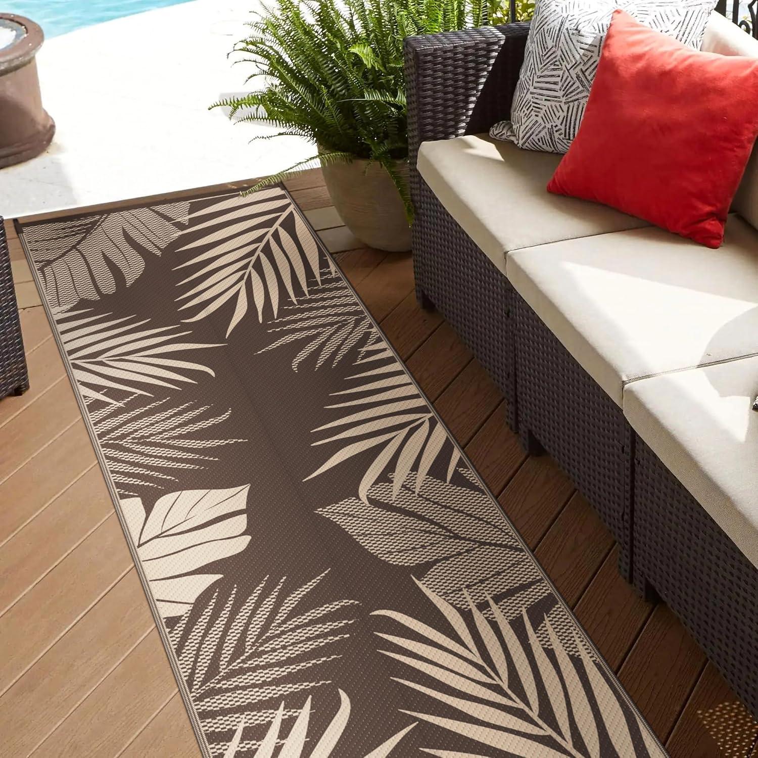 imageGENIMO Outdoor Rug 25 x 8 Waterproof for Patios Clearance Reversible Outdoor Plastic Straw Camping Rug Carpet Large Area Rugs Mats for RV Camper Deck Balcony Porch Beach BlackampBeigeCoffee Beige Waterproof