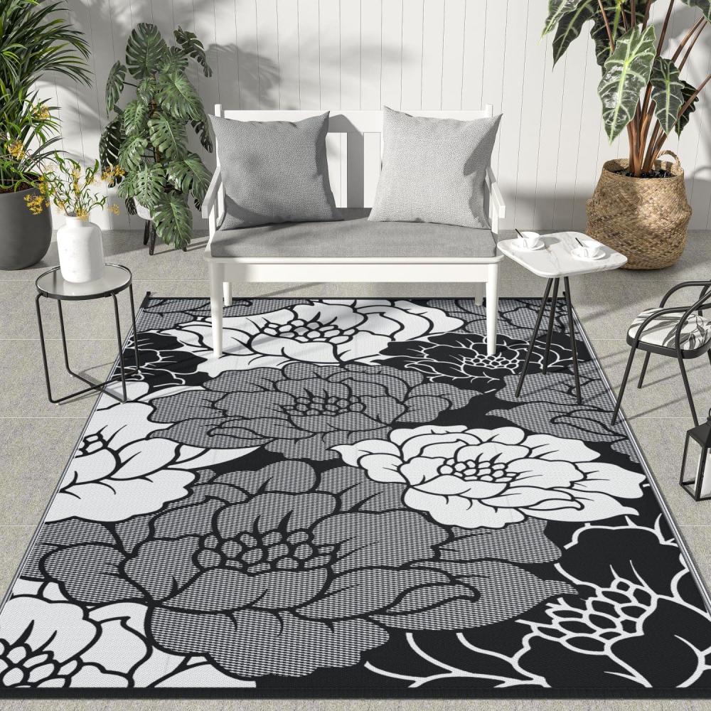 imageGENIMO Outdoor Rug 25 x 8 Waterproof for Patios Clearance Reversible Outdoor Plastic Straw Camping Rug Carpet Large Area Rugs Mats for RV Camper Deck Balcony Porch Beach BlackampBeigeCmix Black White