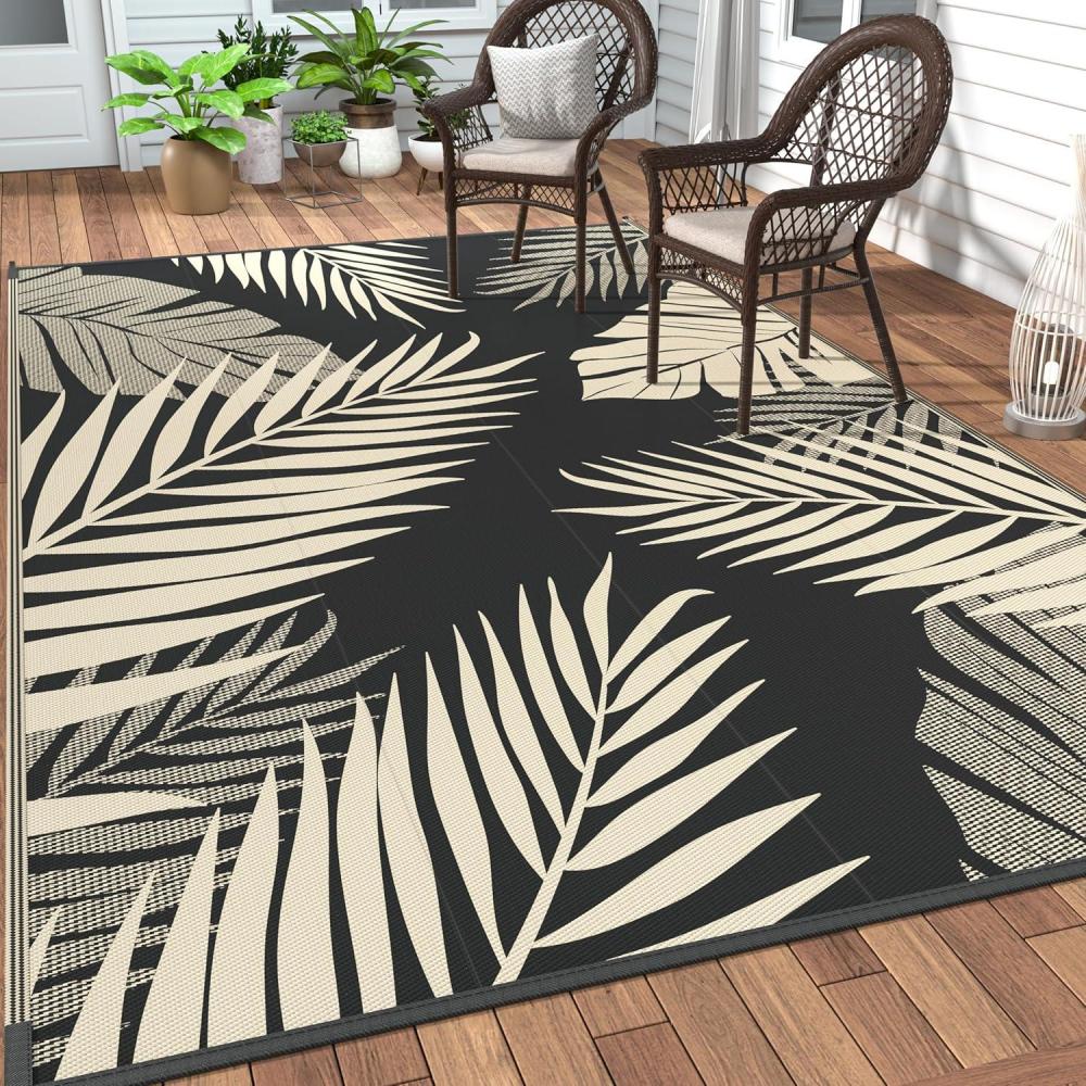 imageGENIMO Outdoor Rug 25 x 8 Waterproof for Patios Clearance Reversible Outdoor Plastic Straw Camping Rug Carpet Large Area Rugs Mats for RV Camper Deck Balcony Porch Beach BlackampBeigeBlack Beige Waterproof