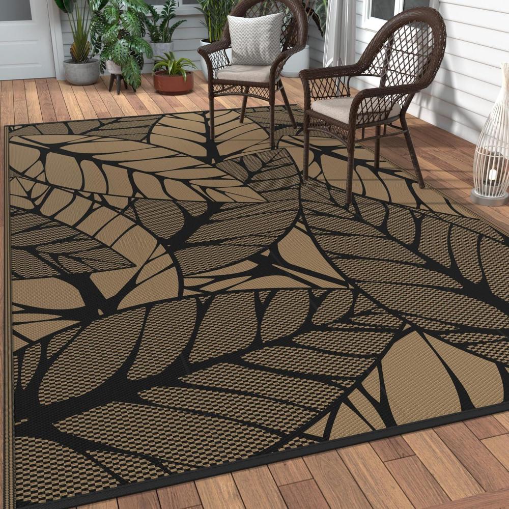 imageGENIMO Outdoor Rug 25 x 8 Waterproof for Patios Clearance Reversible Outdoor Plastic Straw Camping Rug Carpet Large Area Rugs Mats for RV Camper Deck Balcony Porch Beach BlackampBeigeFblack  Brown