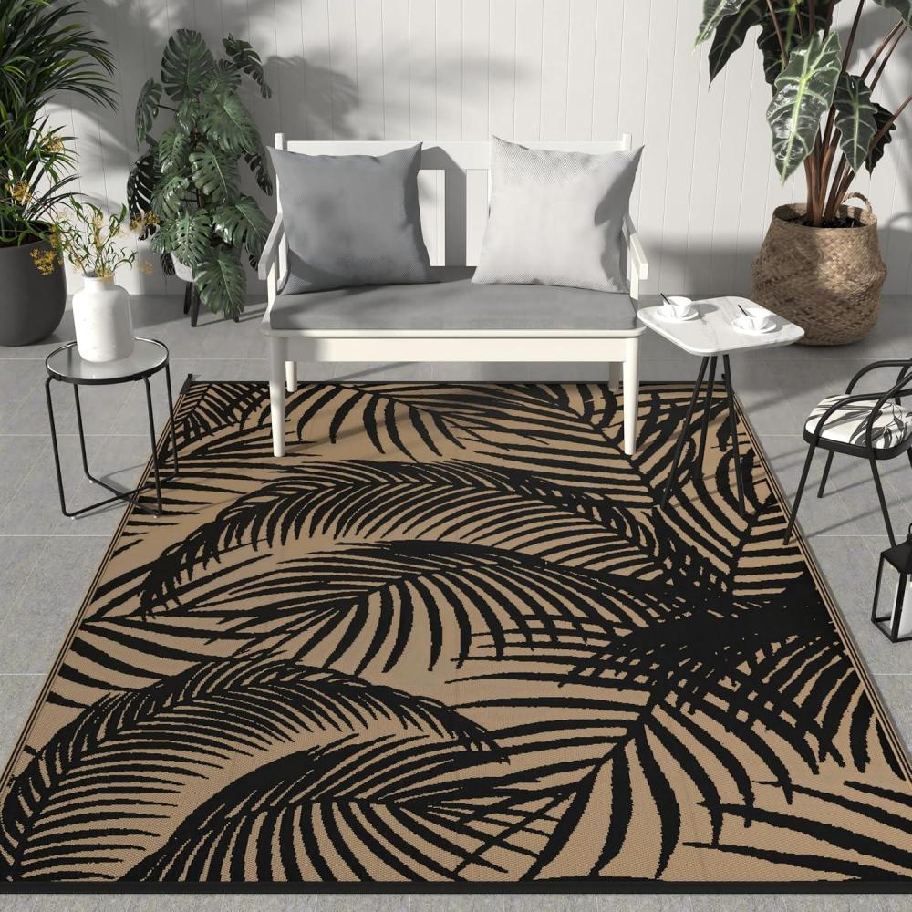 imageGENIMO Outdoor Rug 25 x 8 Waterproof for Patios Clearance Reversible Outdoor Plastic Straw Camping Rug Carpet Large Area Rugs Mats for RV Camper Deck Balcony Porch Beach BlackampBeigeAblack Brown