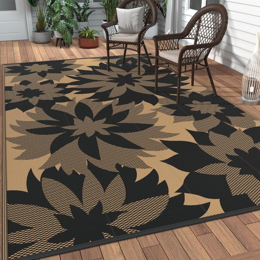 imageGENIMO Outdoor Rug 25 x 8 Waterproof for Patios Clearance Reversible Outdoor Plastic Straw Camping Rug Carpet Large Area Rugs Mats for RV Camper Deck Balcony Porch Beach BlackampBeigeIblack  Brown