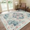 GENIMO 8×10 Area Rugs for Living Room, Machine Washable Non Slip Rugs, Low Pile Lightweight Vintage Print Rug for Bedroom, Dining Room, Home Office, Cyan/White