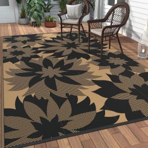 GENIMO Outdoor Rug 2.5′ x 8′ Waterproof for Patios Clearance, Reversible Outdoor Plastic Straw Camping Rug Carpet, Large Area Rugs Mats for RV, Camper, Deck, Balcony, Porch, Beach, Black&Beige(I.black & Brown)