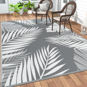 GENIMO Outdoor Rug 2.5′ x 8′ Waterproof for Patios Clearance, Reversible Outdoor Plastic Straw Camping Rug Carpet, Large Area Rugs Mats for RV, Camper, Deck, Balcony, Porch, Beach, Black&Beige(Grey & White | Waterproof)