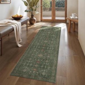 GENIMO Runner Rug for Hallways Machine Washable, 2×12 Non Slip Boho Vintage Lightweight Washable Runners, Thin Floor Rugs for Entryway Hallway Bathroom Laundry Room Corridor, Brick Sage(Moss Green)