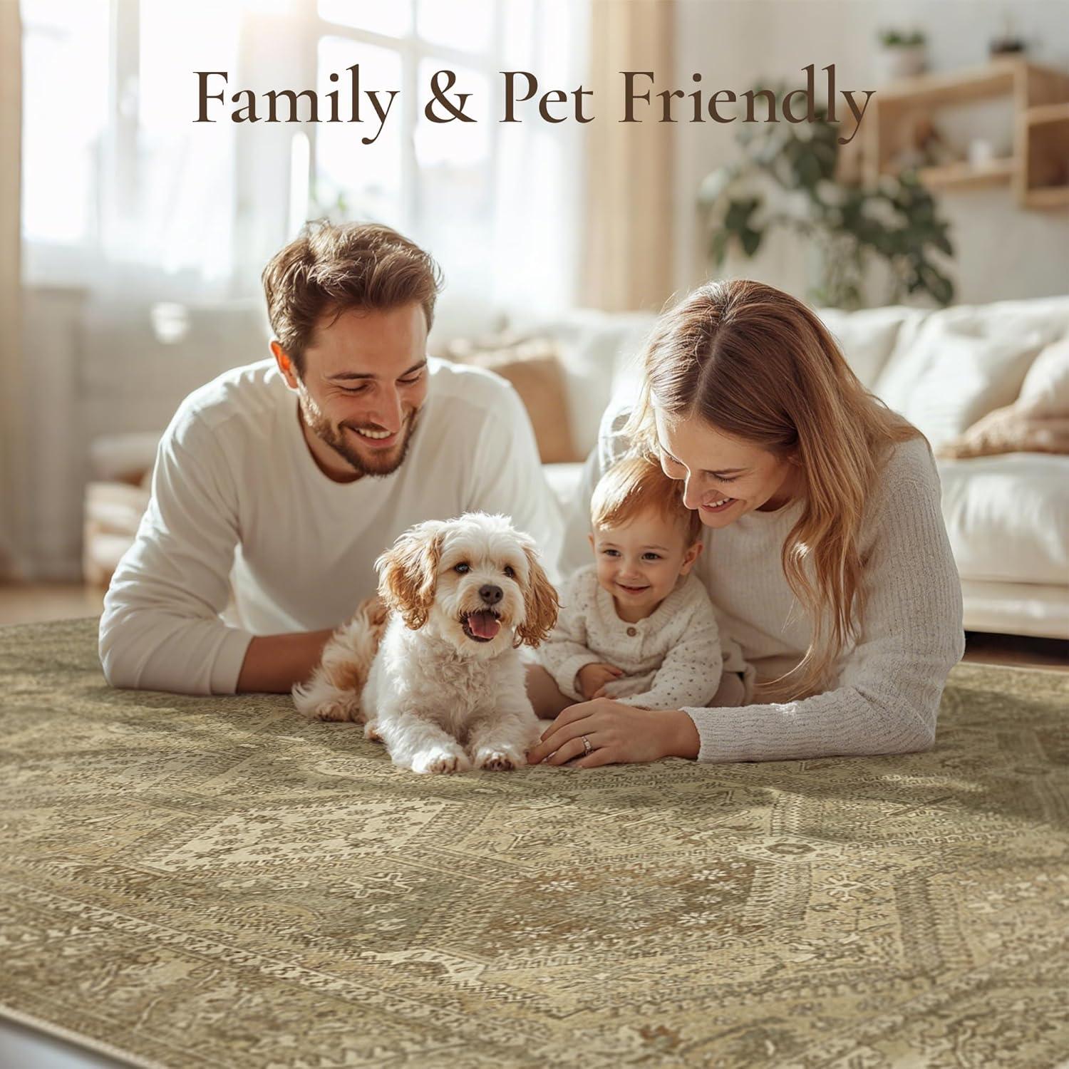 imageGENIMO 8x10 Area Rugs for Living Room Machine Washable Non Slip Vintage Rugs Low Pile Lightweight Print Rug for Bedroom Dining Room Home Office Tan Brown