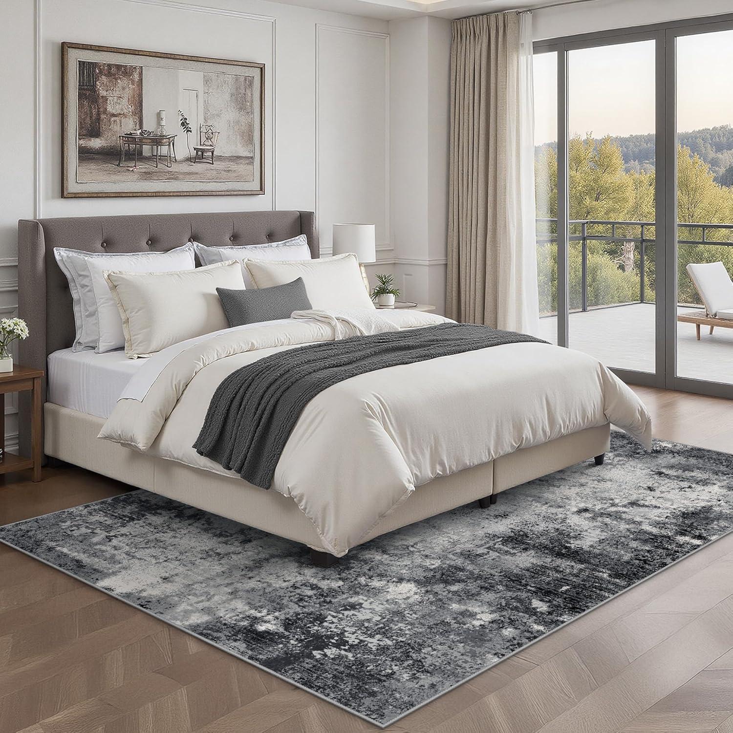 imageGENIMO Washable Area Rugs for Living Room 8x10 Modern Non Slip Rugs Low Pile Lightweight Soft Print Rug for Bedroom Dining Room Home Office Ink Wash Grey
