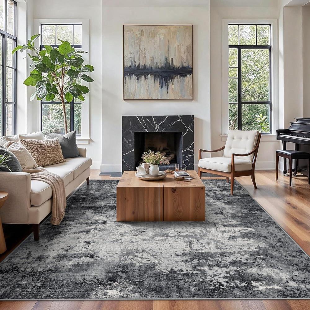 imageGENIMO Washable Area Rugs for Living Room 8x10 Modern Non Slip Rugs Low Pile Lightweight Soft Print Rug for Bedroom Dining Room Home Office Ink Wash Grey