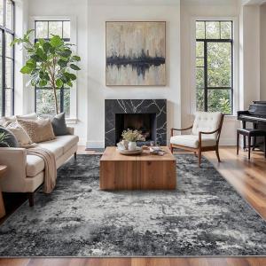 GENIMO Washable Area Rugs for Living Room, 8×10 Modern Non Slip Rugs, Low Pile Lightweight Soft Print Rug for Bedroom, Dining Room, Home Office, Ink Wash Grey
