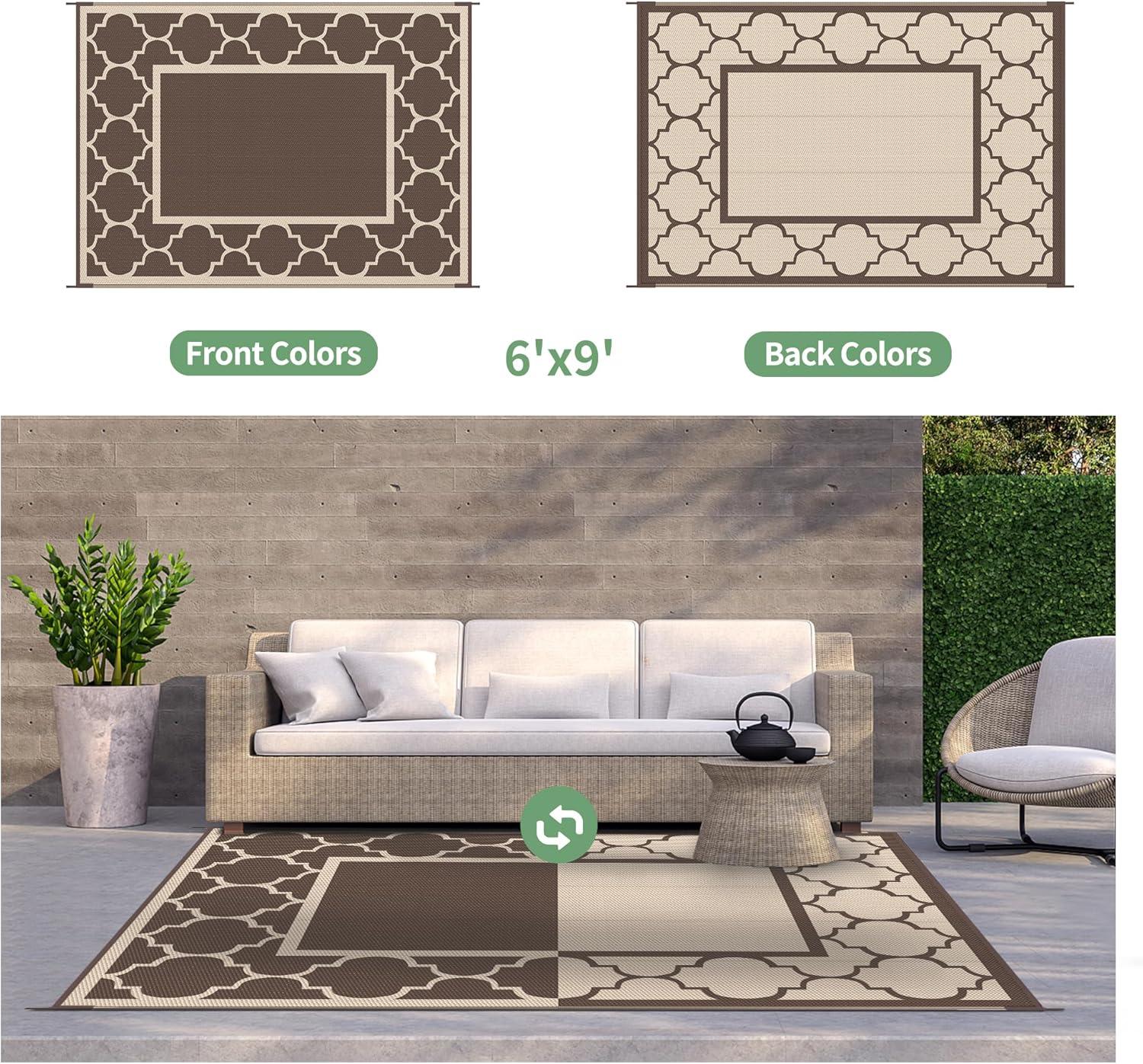 imageGENIMO 5 x 8 Outdoor Rug for Patio Waterproof Indoor Outdoor Plastic Straw Rugs Carpet Reversible Outside Area Mat for Camping Balcony Porch Deck Picnic Beach Navy Blue amp Jade GreenCoffeebeige