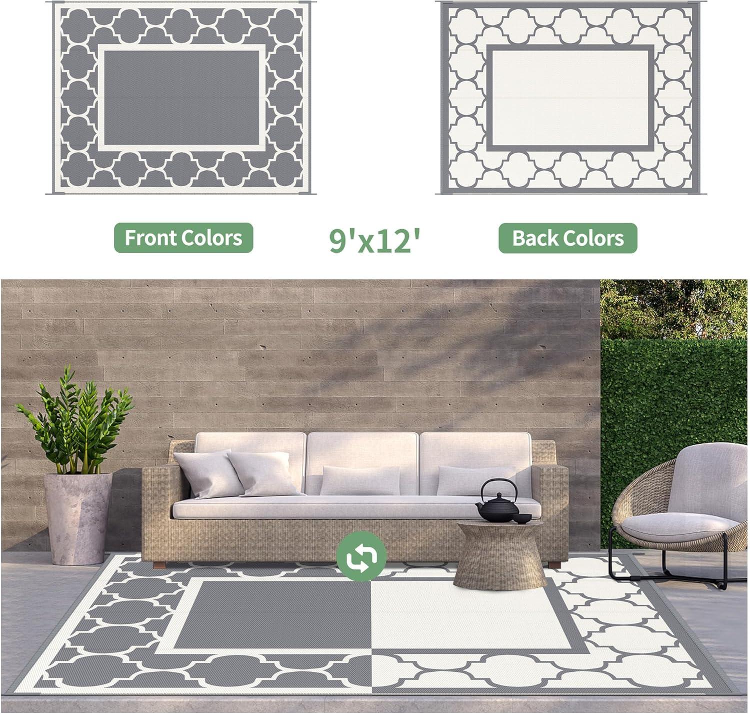 imageGENIMO 5 x 8 Outdoor Rug for Patio Waterproof Indoor Outdoor Plastic Straw Rugs Carpet Reversible Outside Area Mat for Camping Balcony Porch Deck Picnic Beach Navy Blue amp Jade GreenGreybeige White