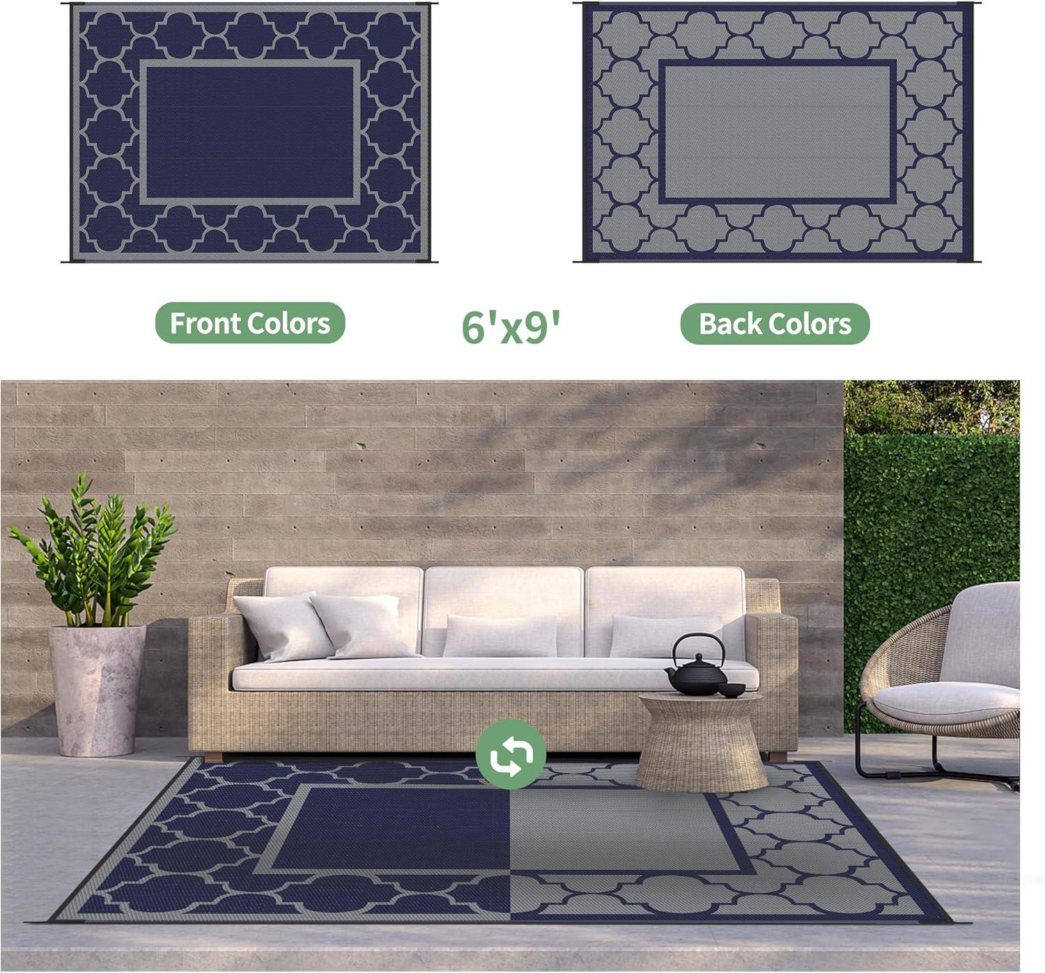 imageGENIMO 5 x 8 Outdoor Rug for Patio Waterproof Indoor Outdoor Plastic Straw Rugs Carpet Reversible Outside Area Mat for Camping Balcony Porch Deck Picnic Beach Navy Blue amp Jade GreenBlue Grey