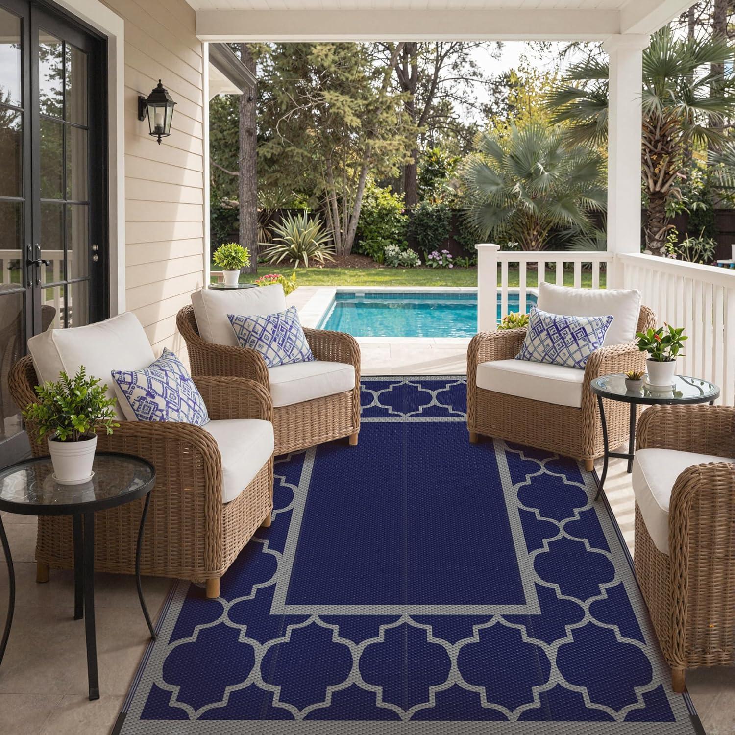 imageGENIMO 5 x 8 Outdoor Rug for Patio Waterproof Indoor Outdoor Plastic Straw Rugs Carpet Reversible Outside Area Mat for Camping Balcony Porch Deck Picnic Beach Navy Blue amp Jade GreenBlue Grey