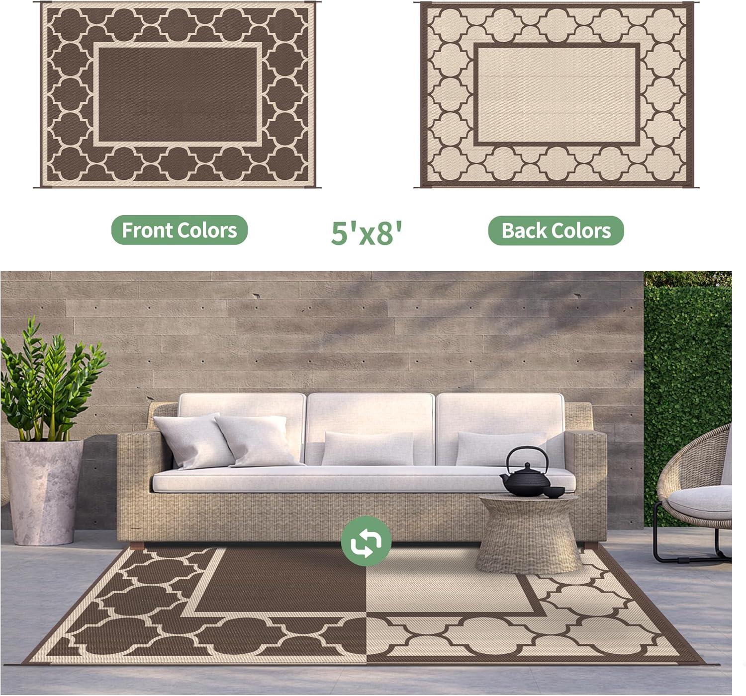 imageGENIMO 5 x 8 Outdoor Rug for Patio Waterproof Indoor Outdoor Plastic Straw Rugs Carpet Reversible Outside Area Mat for Camping Balcony Porch Deck Picnic Beach Navy Blue amp Jade GreenCoffeebeige