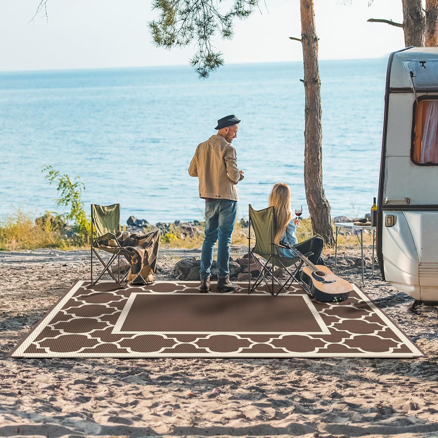 imageGENIMO 5 x 8 Outdoor Rug for Patio Waterproof Indoor Outdoor Plastic Straw Rugs Carpet Reversible Outside Area Mat for Camping Balcony Porch Deck Picnic Beach Navy Blue amp Jade GreenCoffeebeige