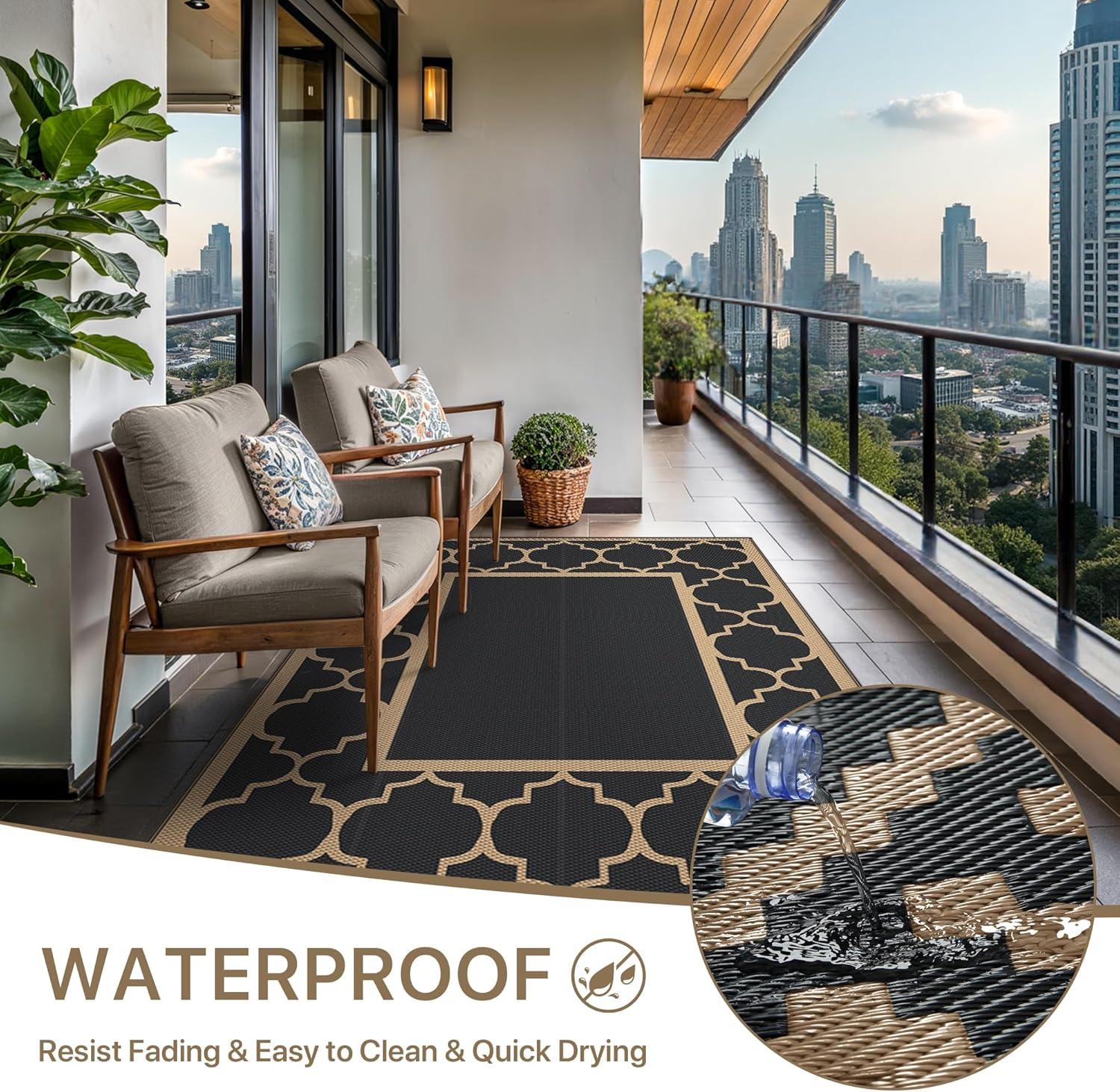 imageGENIMO 5 x 8 Outdoor Rug for Patio Waterproof Indoor Outdoor Plastic Straw Rugs Carpet Reversible Outside Area Mat for Camping Balcony Porch Deck Picnic Beach Navy Blue amp Jade GreenBlackbrown