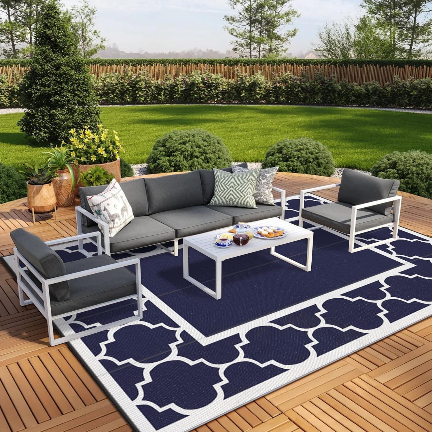 imageGENIMO 5 x 8 Outdoor Rug for Patio Waterproof Indoor Outdoor Plastic Straw Rugs Carpet Reversible Outside Area Mat for Camping Balcony Porch Deck Picnic Beach Navy Blue amp Jade GreenNavy Blue White