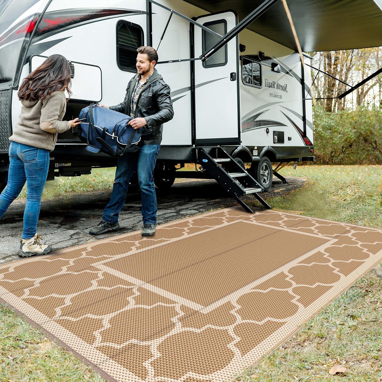 imageGENIMO 5 x 8 Outdoor Rug for Patio Waterproof Indoor Outdoor Plastic Straw Rugs Carpet Reversible Outside Area Mat for Camping Balcony Porch Deck Picnic Beach Navy Blue amp Jade GreenBrownbeige
