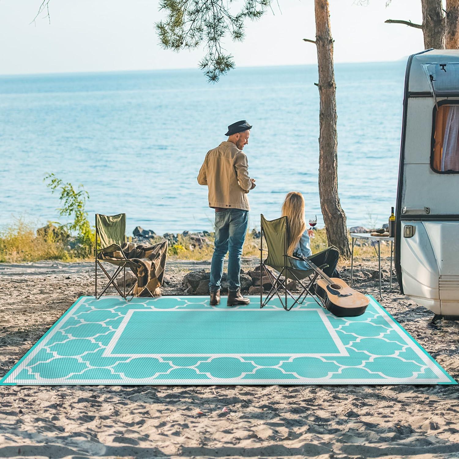 imageGENIMO 5 x 8 Outdoor Rug for Patio Waterproof Indoor Outdoor Plastic Straw Rugs Carpet Reversible Outside Area Mat for Camping Balcony Porch Deck Picnic Beach Navy Blue amp Jade GreenAqua Bluewhite