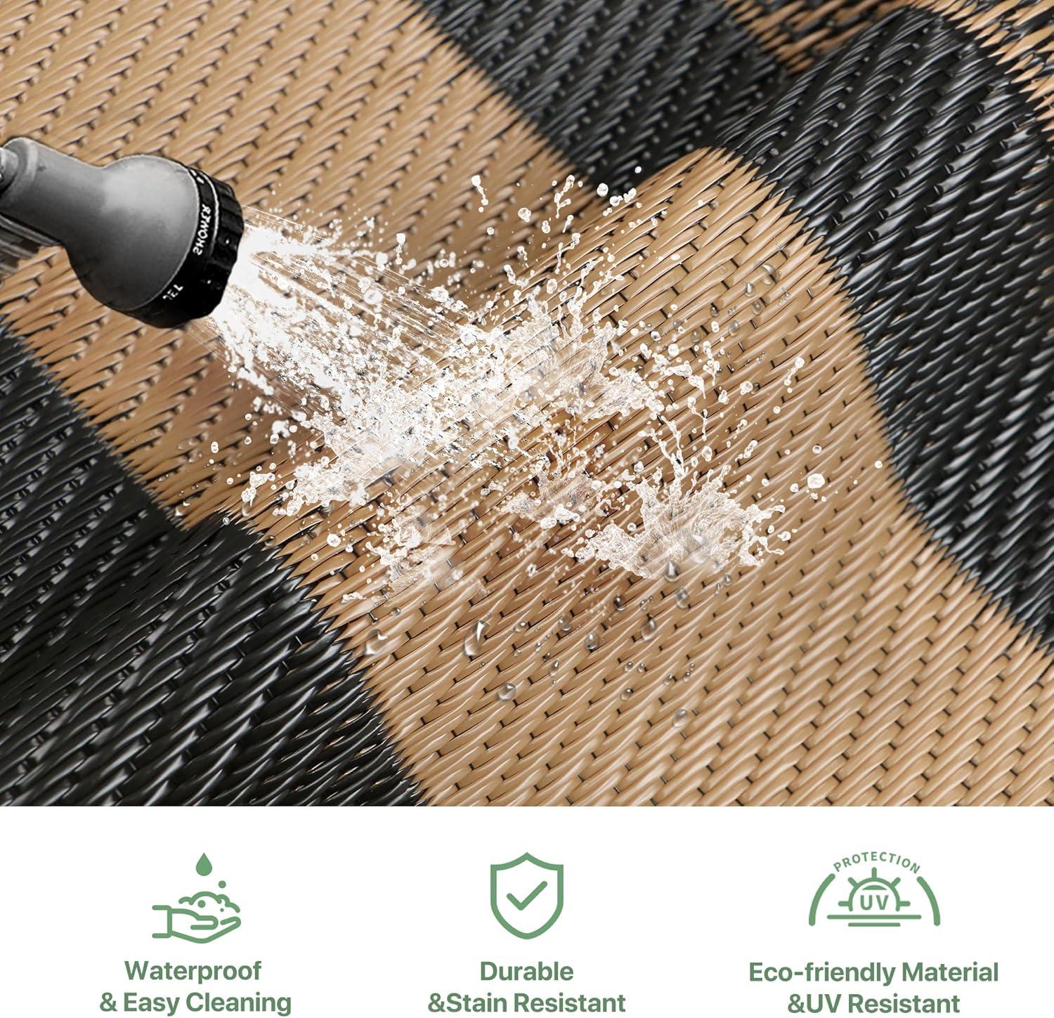 imageGENIMO 5 x 8 Outdoor Rug for Patio Waterproof Indoor Outdoor Plastic Straw Rugs Carpet Reversible Outside Area Mat for Camping Balcony Porch Deck Picnic Beach Navy Blue amp Jade GreenMblack Brown