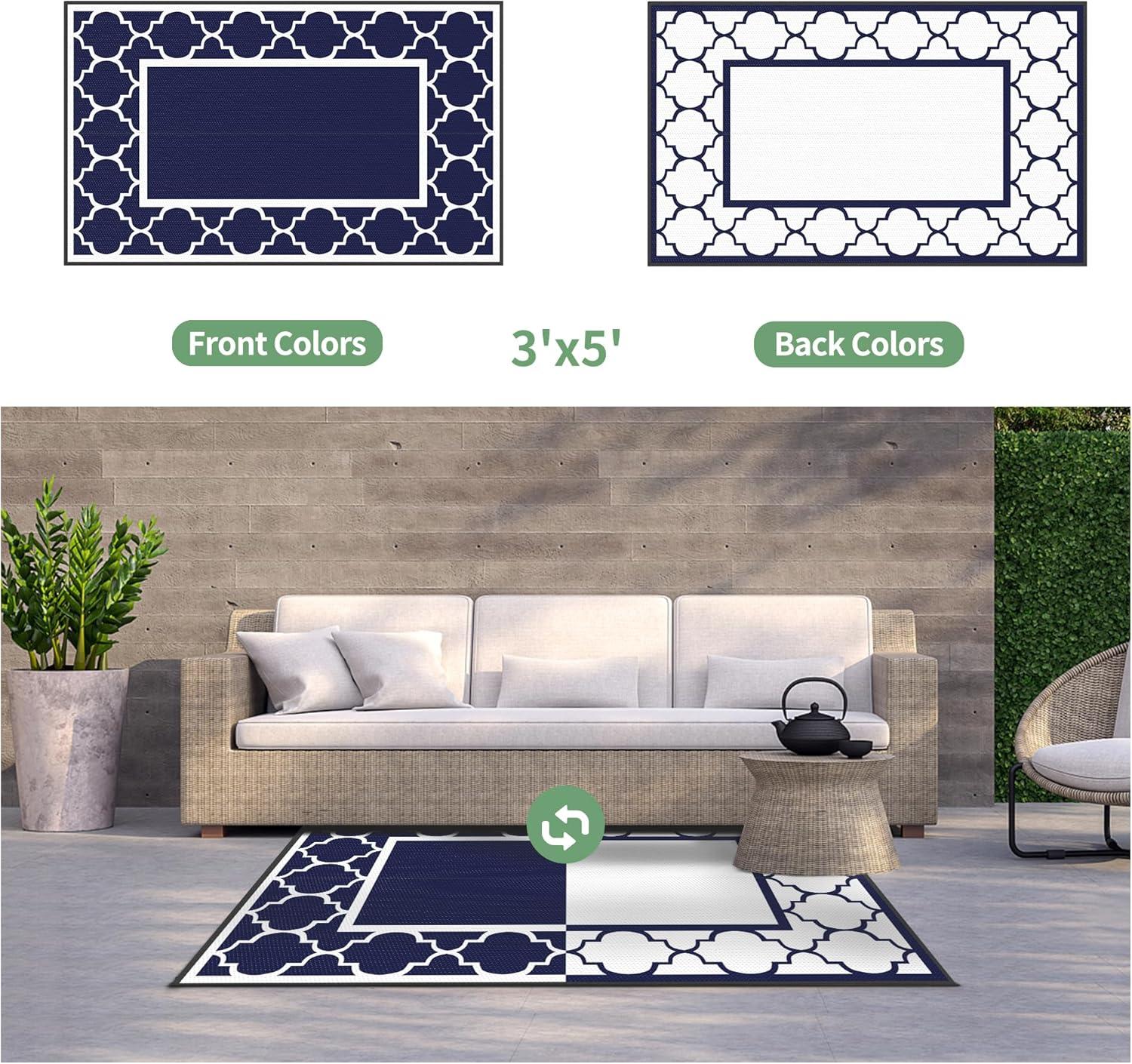 imageGENIMO 5 x 8 Outdoor Rug for Patio Waterproof Indoor Outdoor Plastic Straw Rugs Carpet Reversible Outside Area Mat for Camping Balcony Porch Deck Picnic Beach Navy Blue amp Jade GreenNavy Blue White