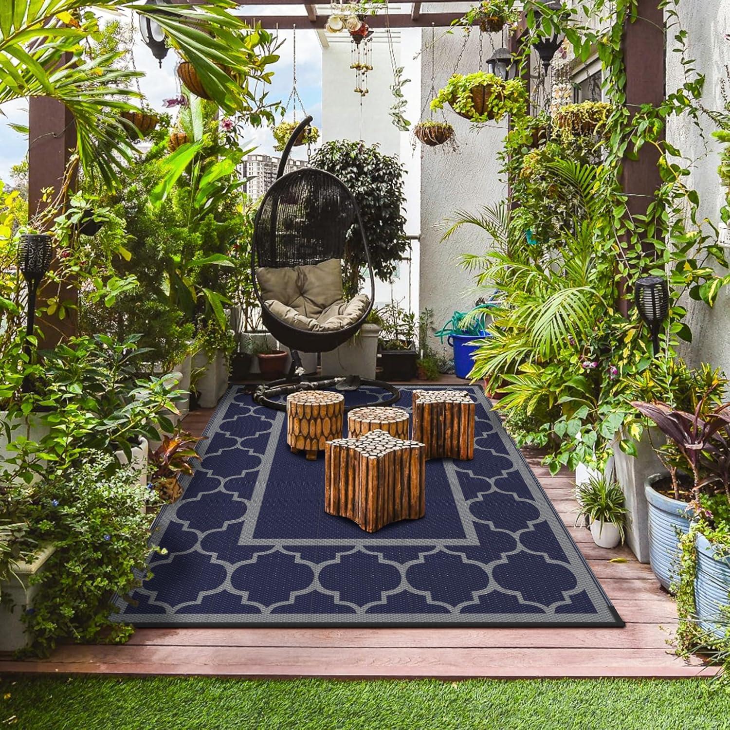 imageGENIMO 5 x 8 Outdoor Rug for Patio Waterproof Indoor Outdoor Plastic Straw Rugs Carpet Reversible Outside Area Mat for Camping Balcony Porch Deck Picnic Beach Navy Blue amp Jade GreenBlue Grey