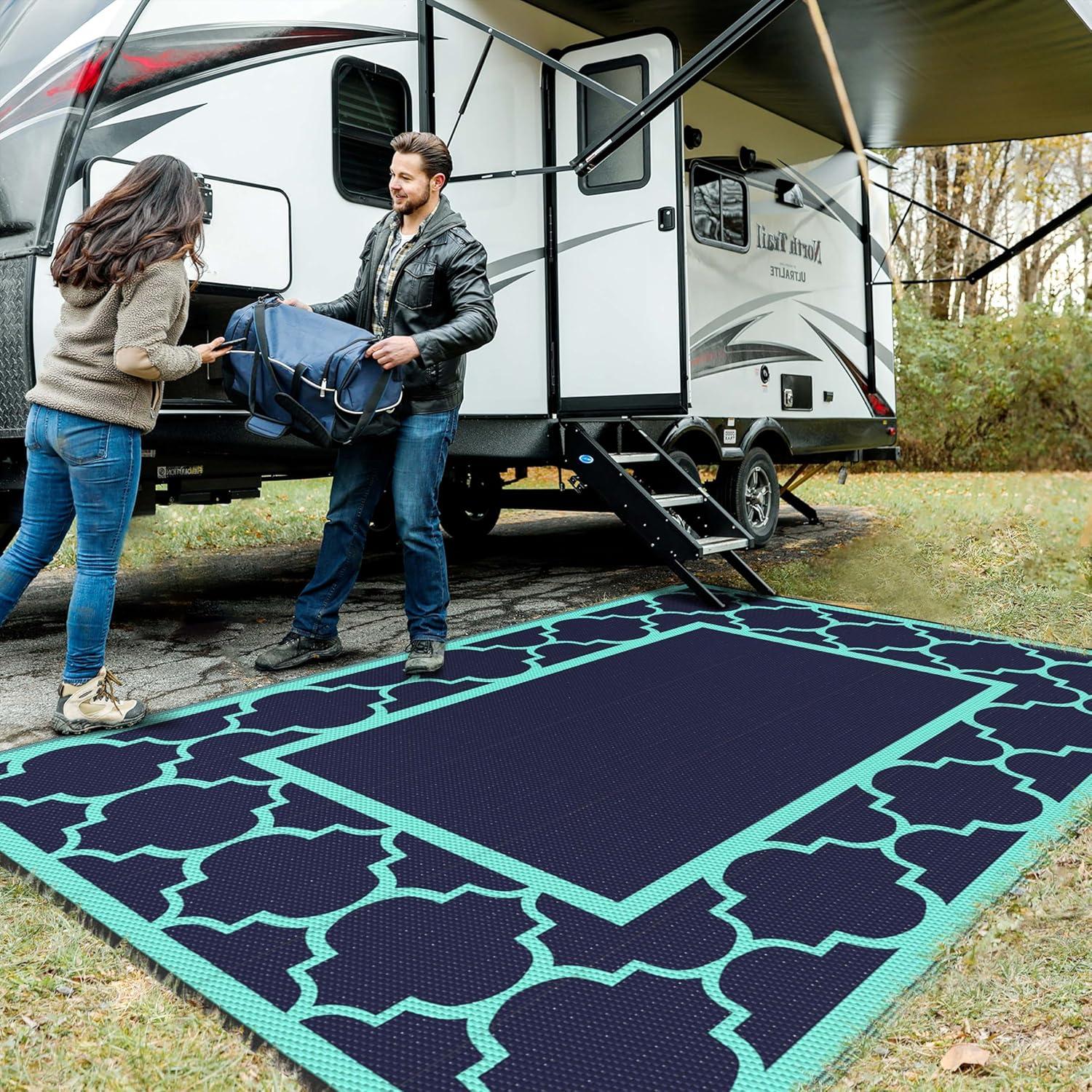 imageGENIMO 5 x 8 Outdoor Rug for Patio Waterproof Indoor Outdoor Plastic Straw Rugs Carpet Reversible Outside Area Mat for Camping Balcony Porch Deck Picnic Beach Navy Blue amp Jade GreenNavy Bluejade Green